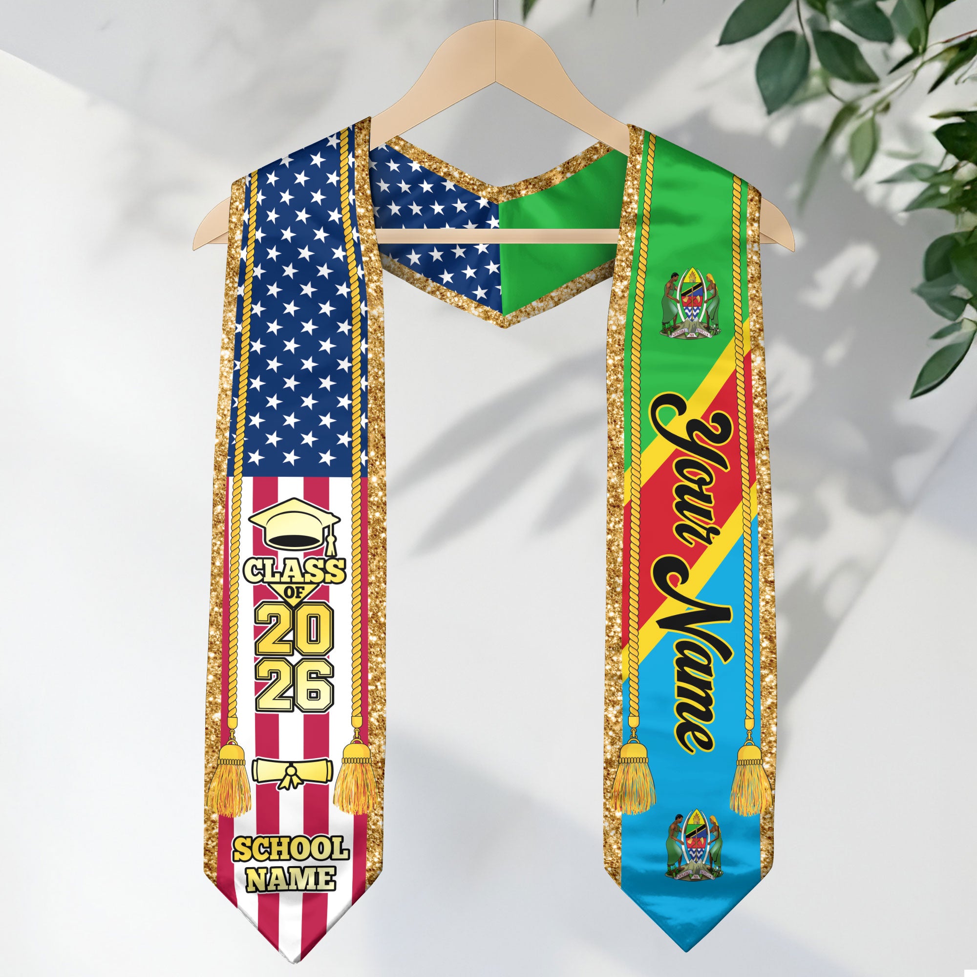 Customized Tanzania Graduation Stole with Tanzanian Flag Emblem, Graduation Sash for Class of 2026