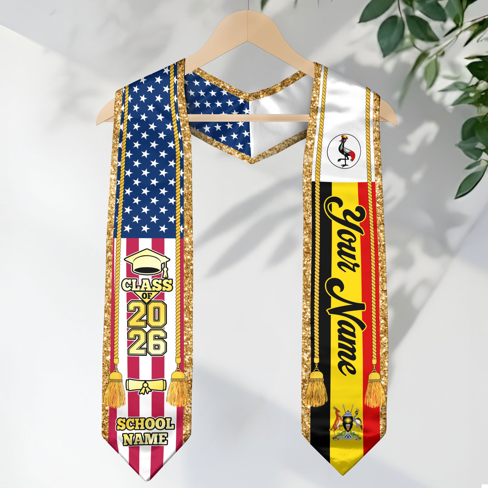 Customized Uganda Graduation Stole with Ugandan Flag Emblem, Graduation Sash for Class of 2026