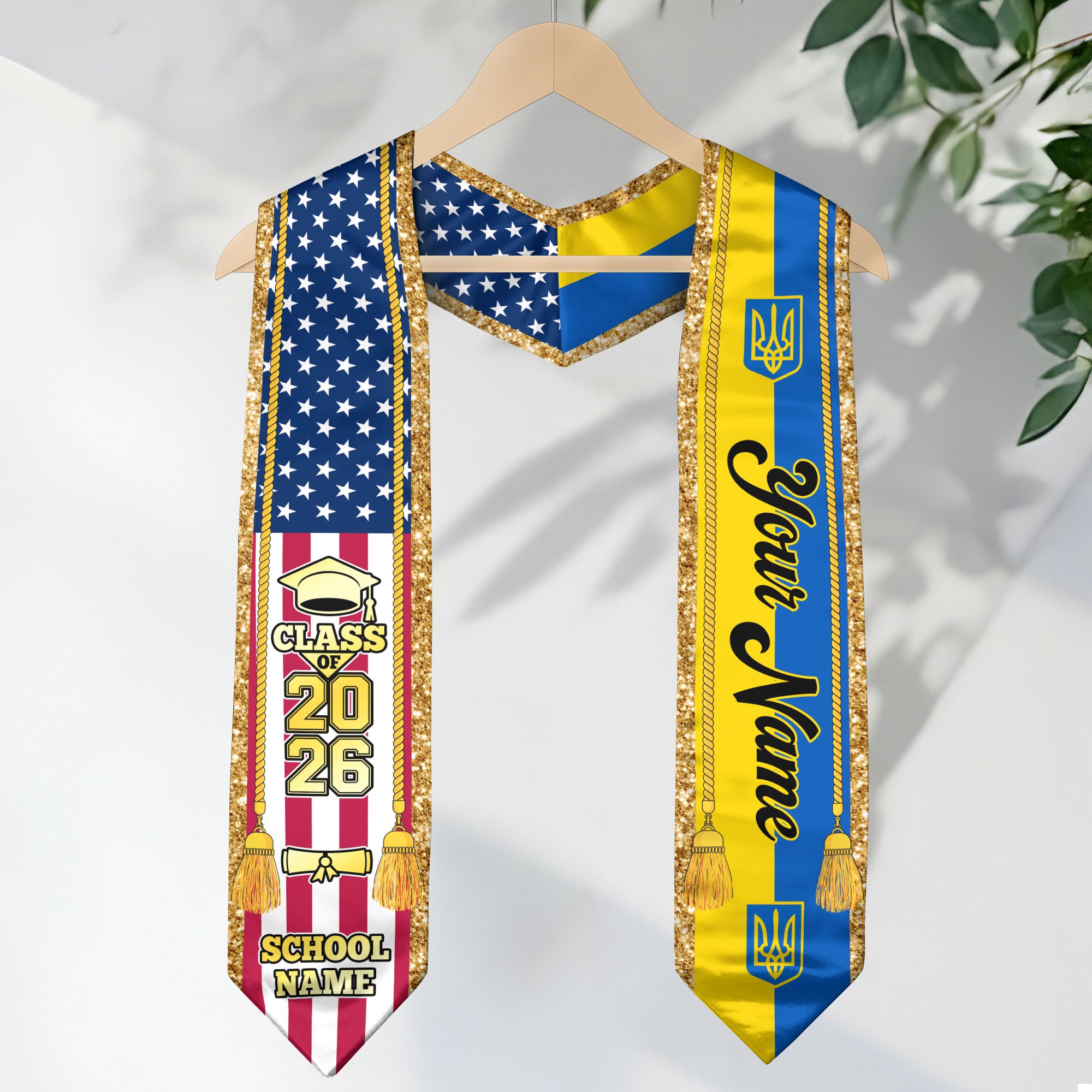 Customized Ukraine Graduation Stole with Ukrainian Flag Emblem, Graduation Sash for Class of 2026