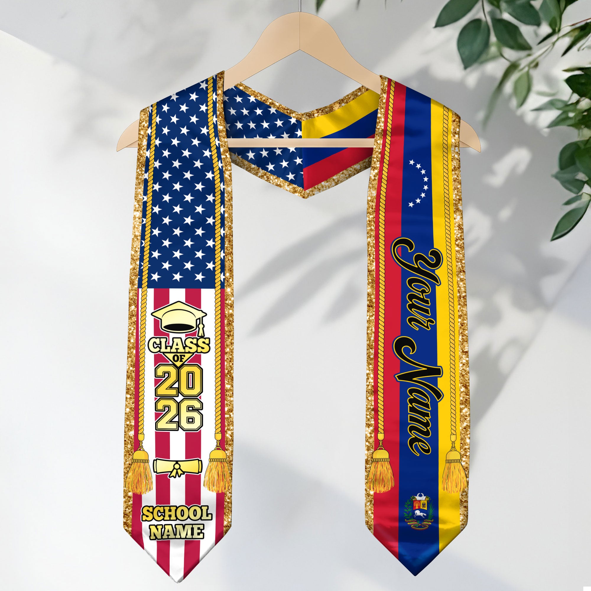 Customized Venezuela Graduation Stole with Venezuelan Flag Emblem, Graduation Sash for Class of 2026