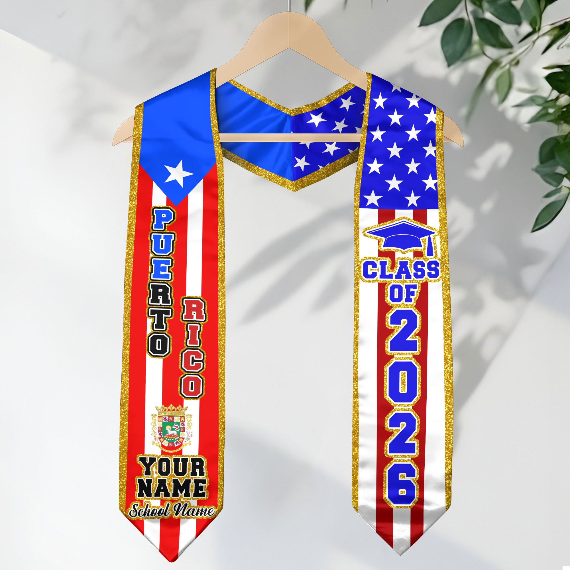 Puerto Rico Flag Graduation Sash 2026, Personalized Stole, Customizable Detail
