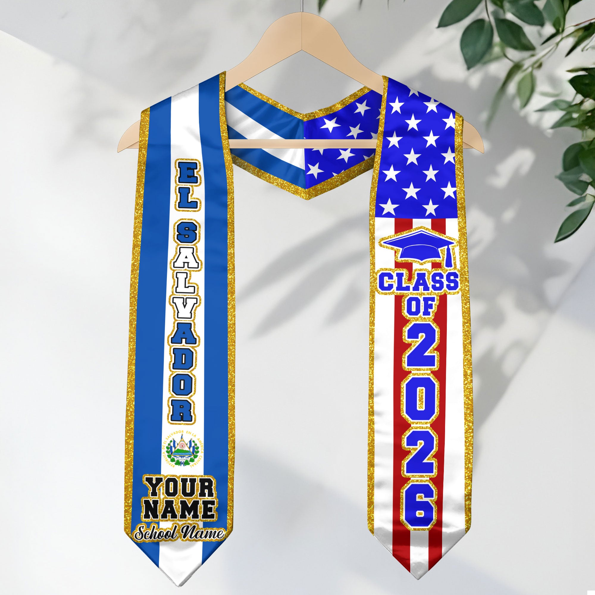 El Salvador Flag Graduation Sash 2026, Personalized Stole, Custom Detail