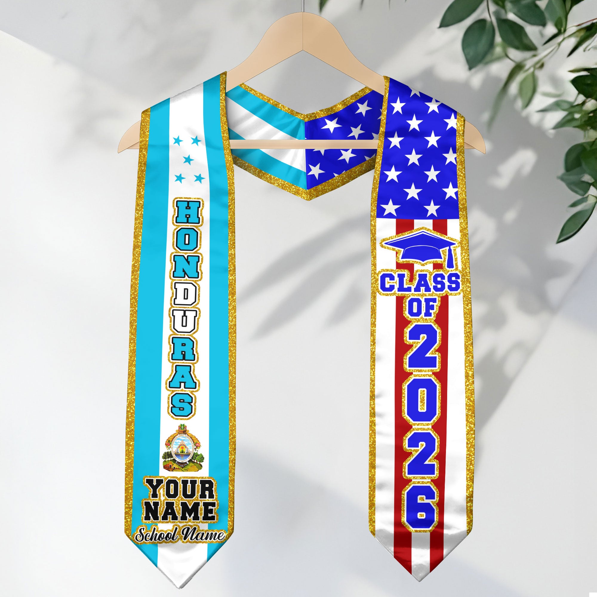Honduras Flag Graduation Stole 2026, Honduran Sash, Customizable Detail