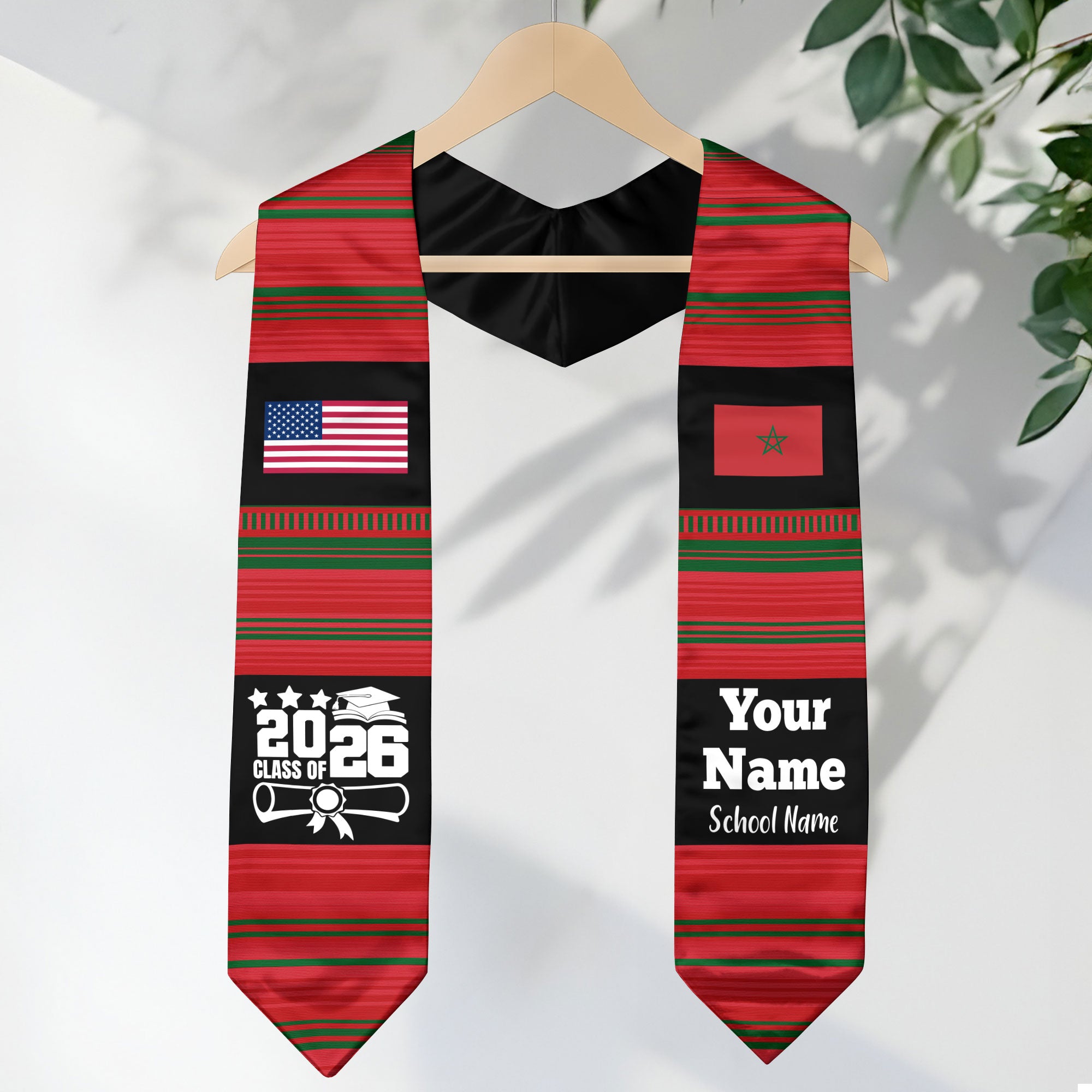 Customized Morocco Graduation Stole Featuring National Flag Motif, Graduation Sash for Class of 2026