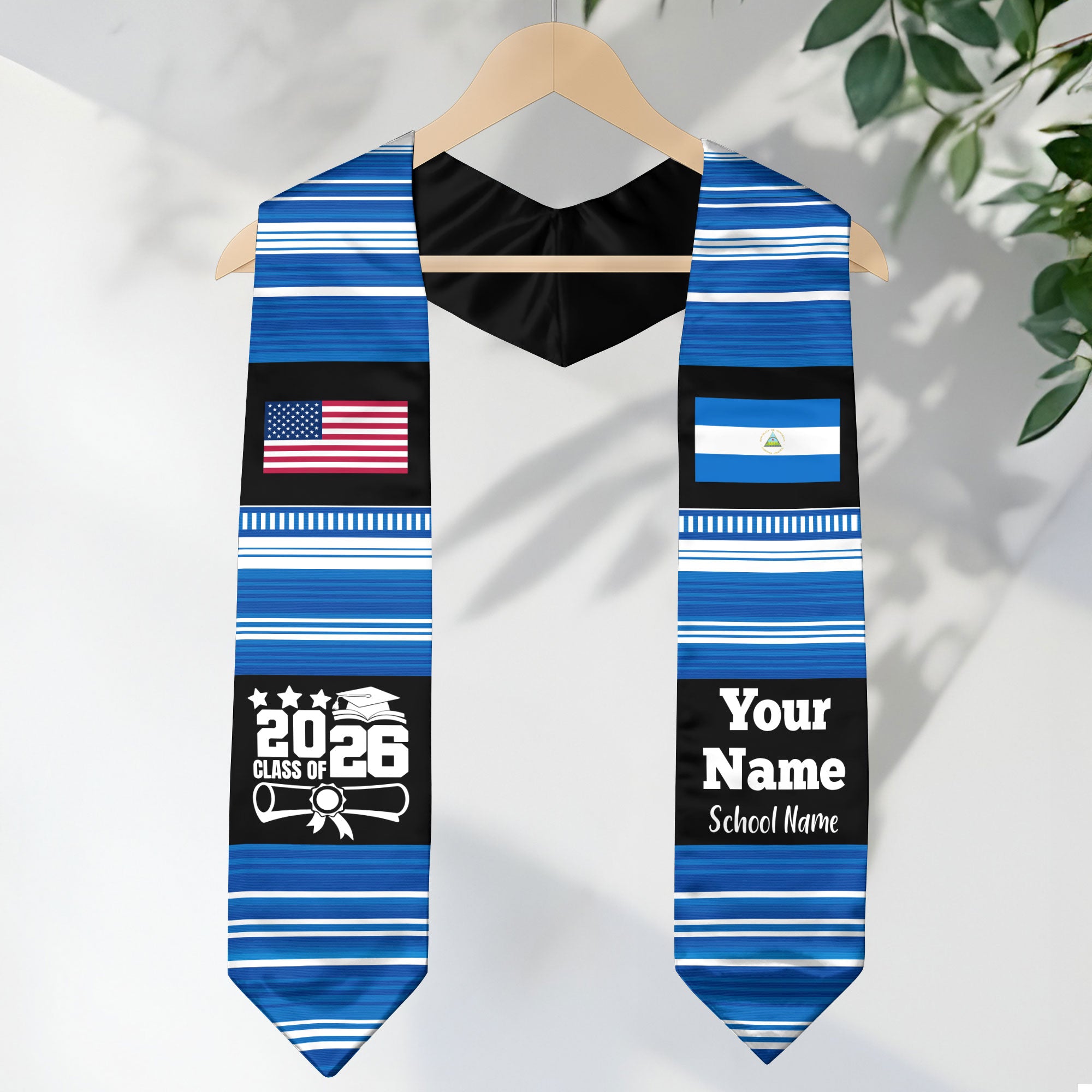 Customized Nicaragua Graduation Stole Featuring National Flag Motif, Graduation Sash for Class of 2026