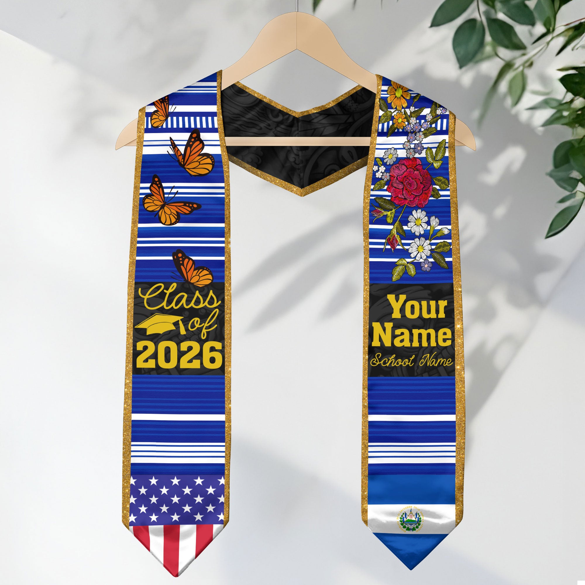 2026 El Salvador Flag Graduation Sash, El Salvador Stole, Personal Detail Option