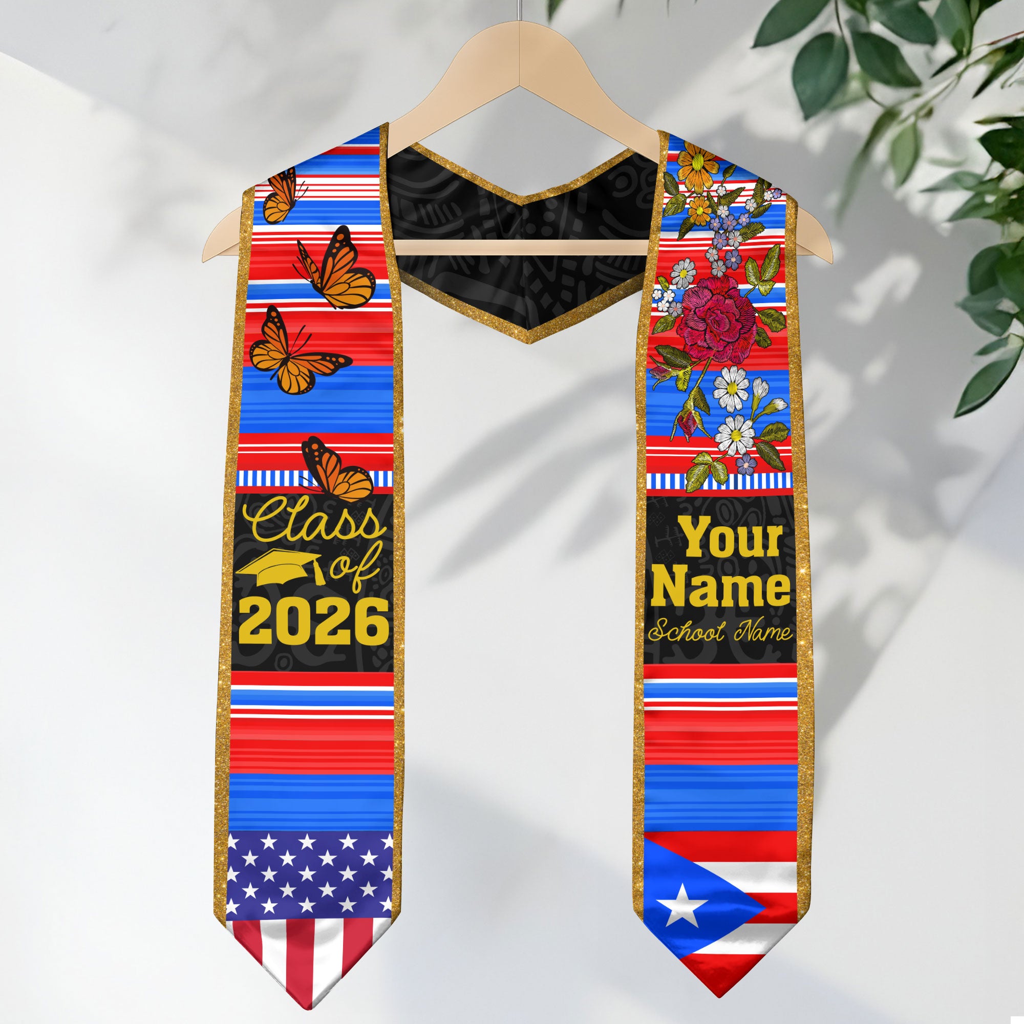 2026 Puerto Rico Flag Graduation Stole, Puerto Rican Sash, Personalized Detail
