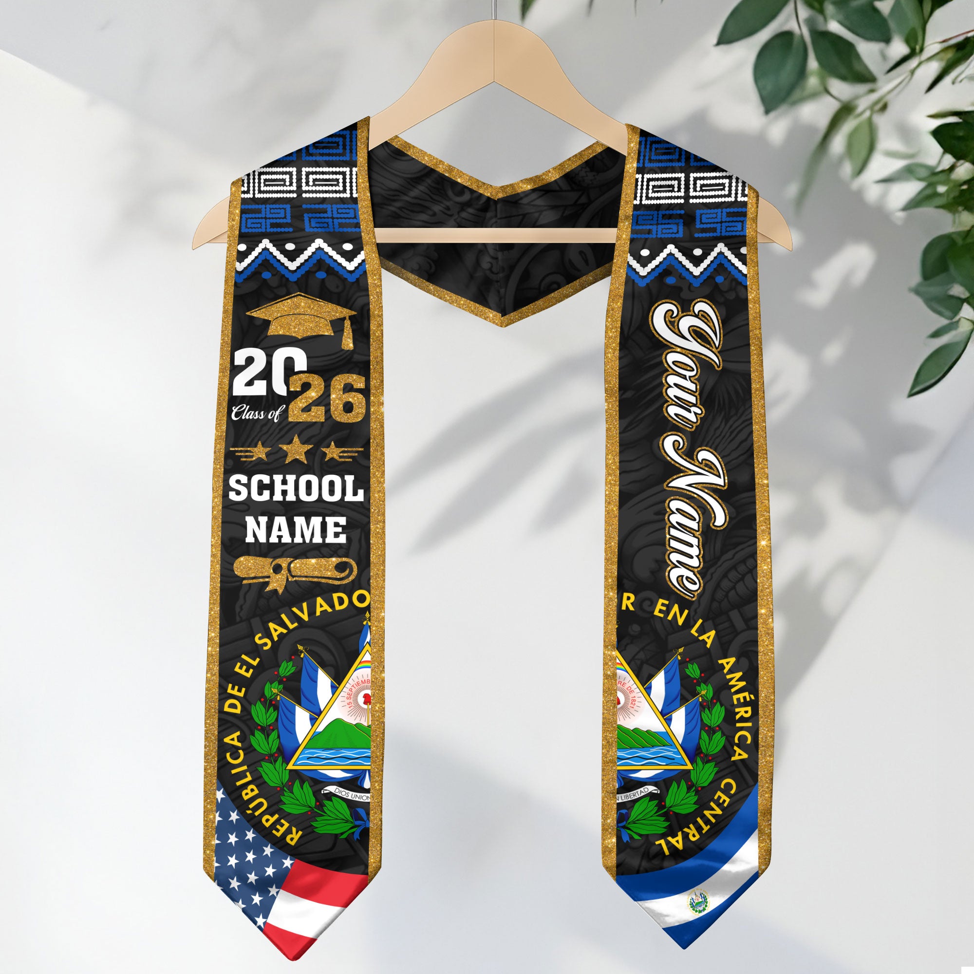 El Salvador Flag Sash 2026, El Salvador Graduation Stole, Add Custom Detail