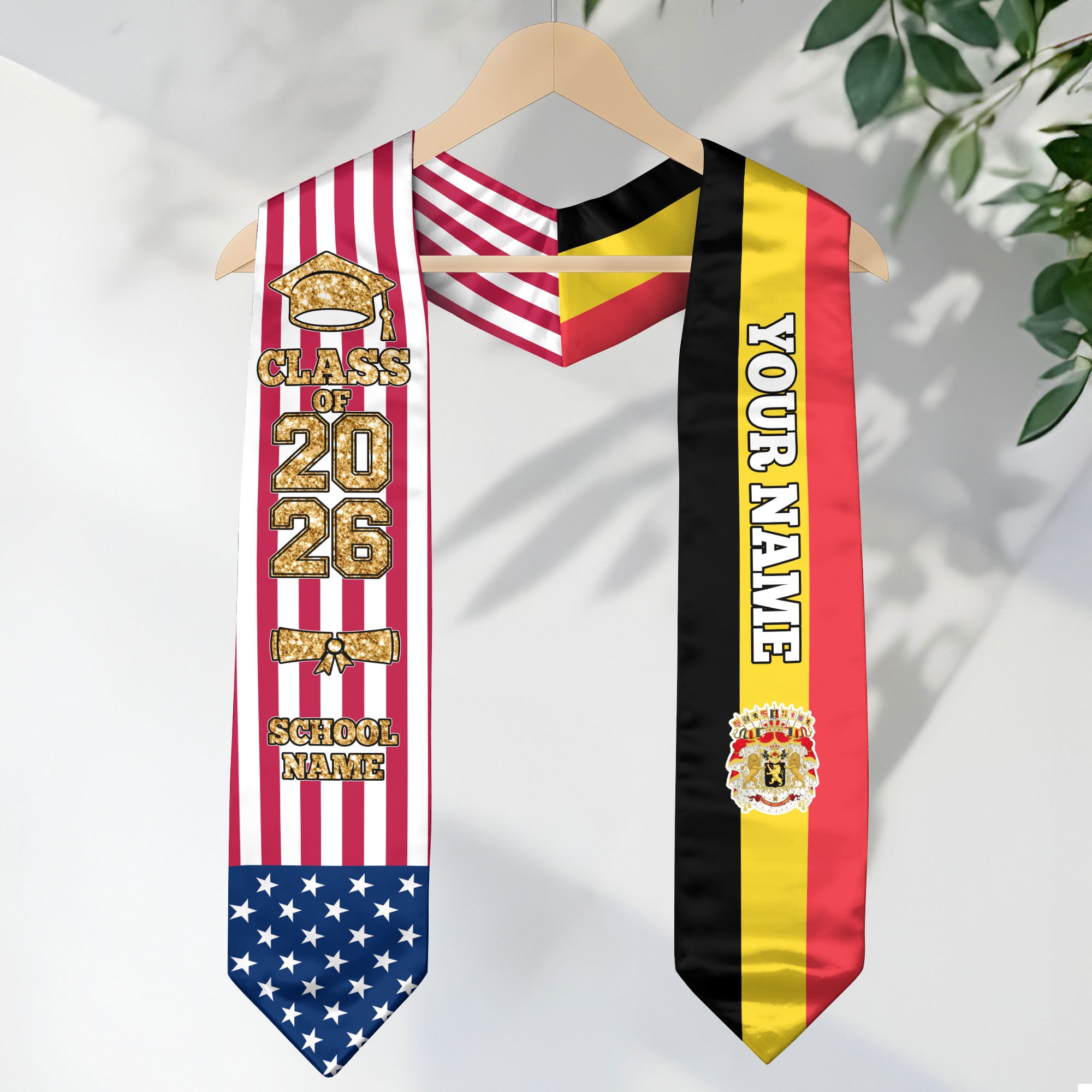 Customized Belgium Graduation Stole with National Flag Detail, Graduation Sash 2026, Class of 2026