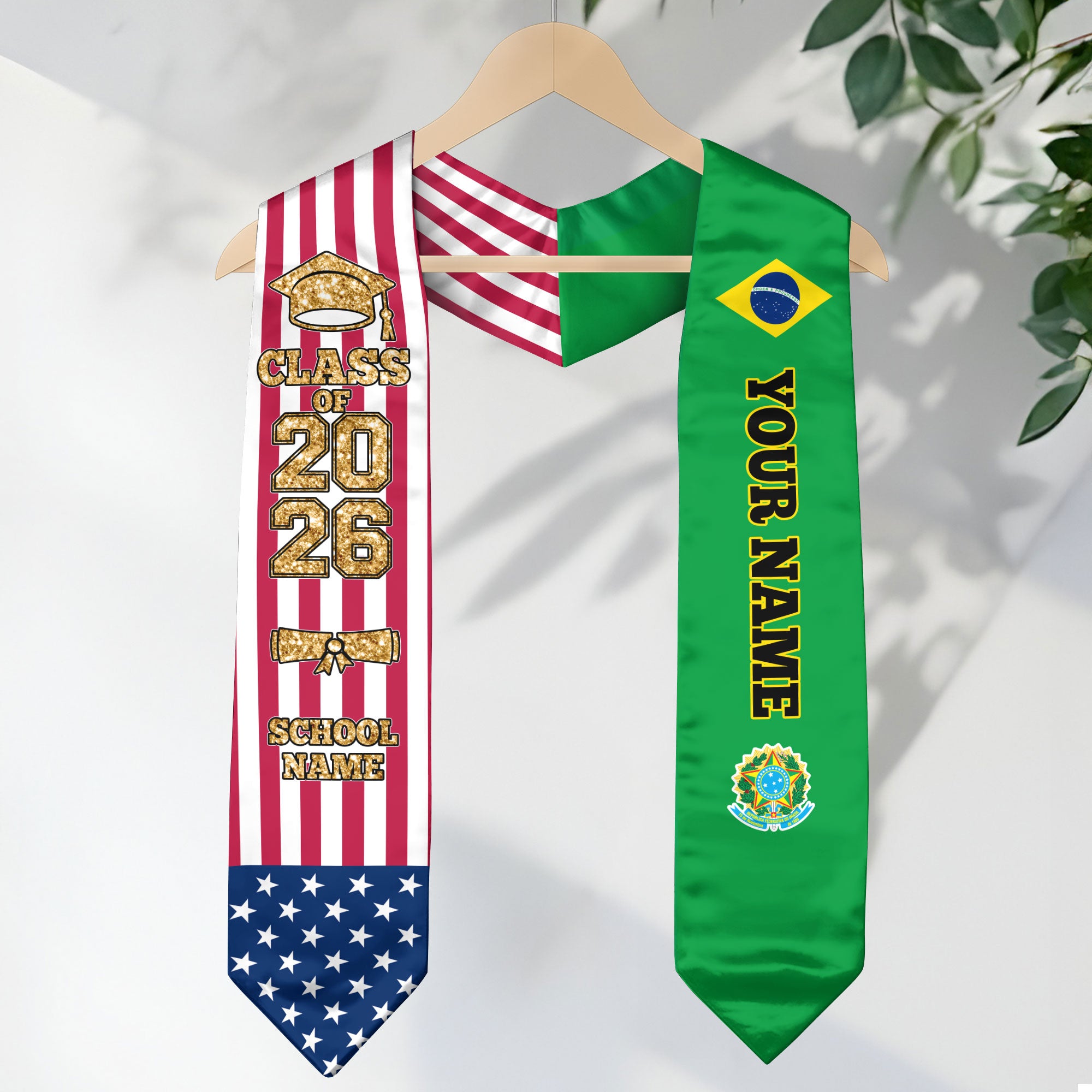 Customized Brazil Graduation Stole Featuring Brazilian Flag Colors, Graduation Sash 2026, Class of 2026