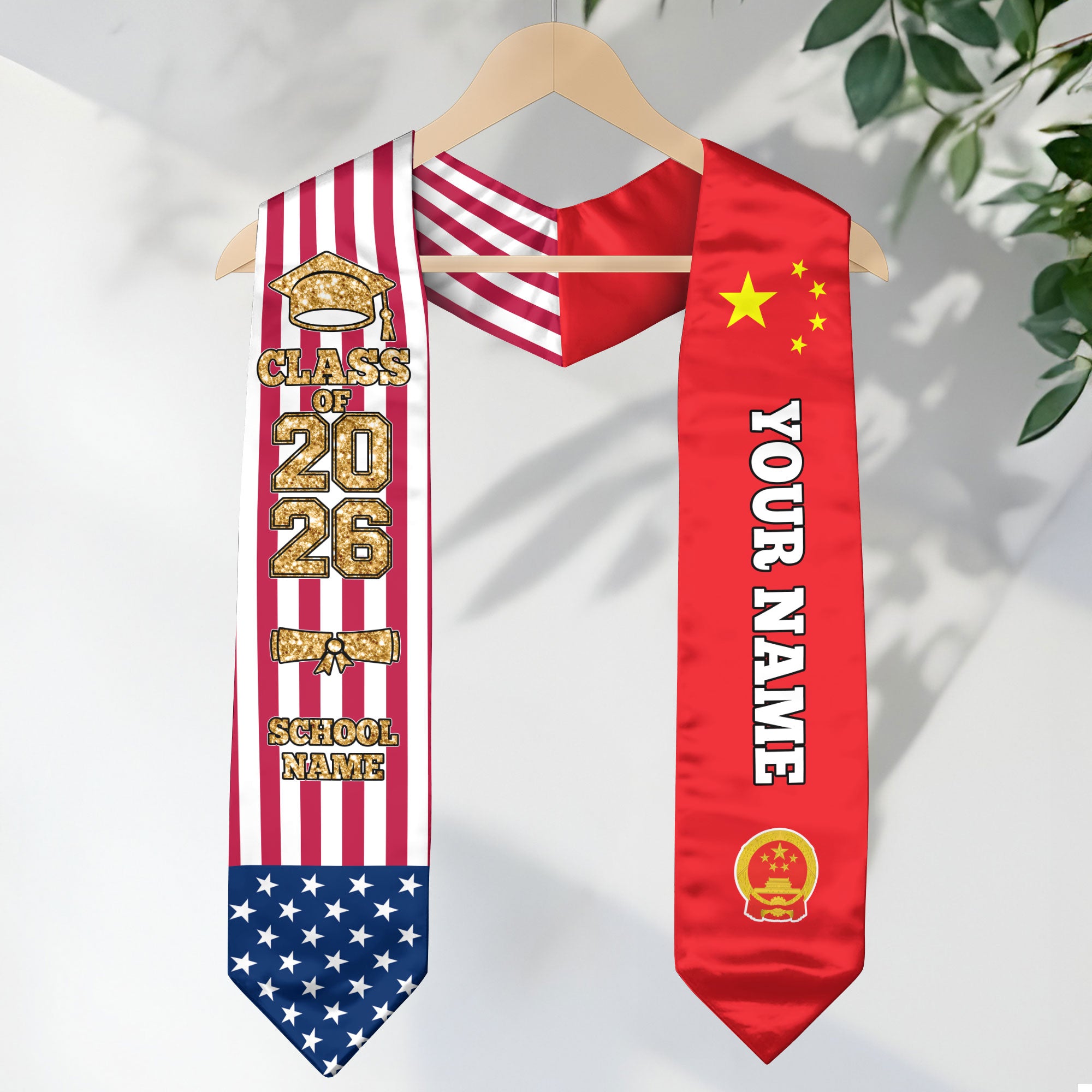 Customized China Graduation Stole with National Flag Detail, Graduation Sash 2026, Class of 2026