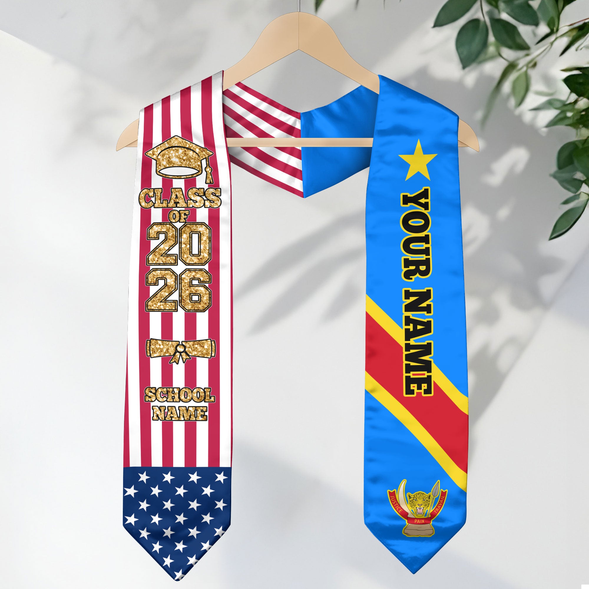 Customized DR Congo Graduation Stole Featuring National Flag Colors, Graduation Sash 2026, Class of 2026