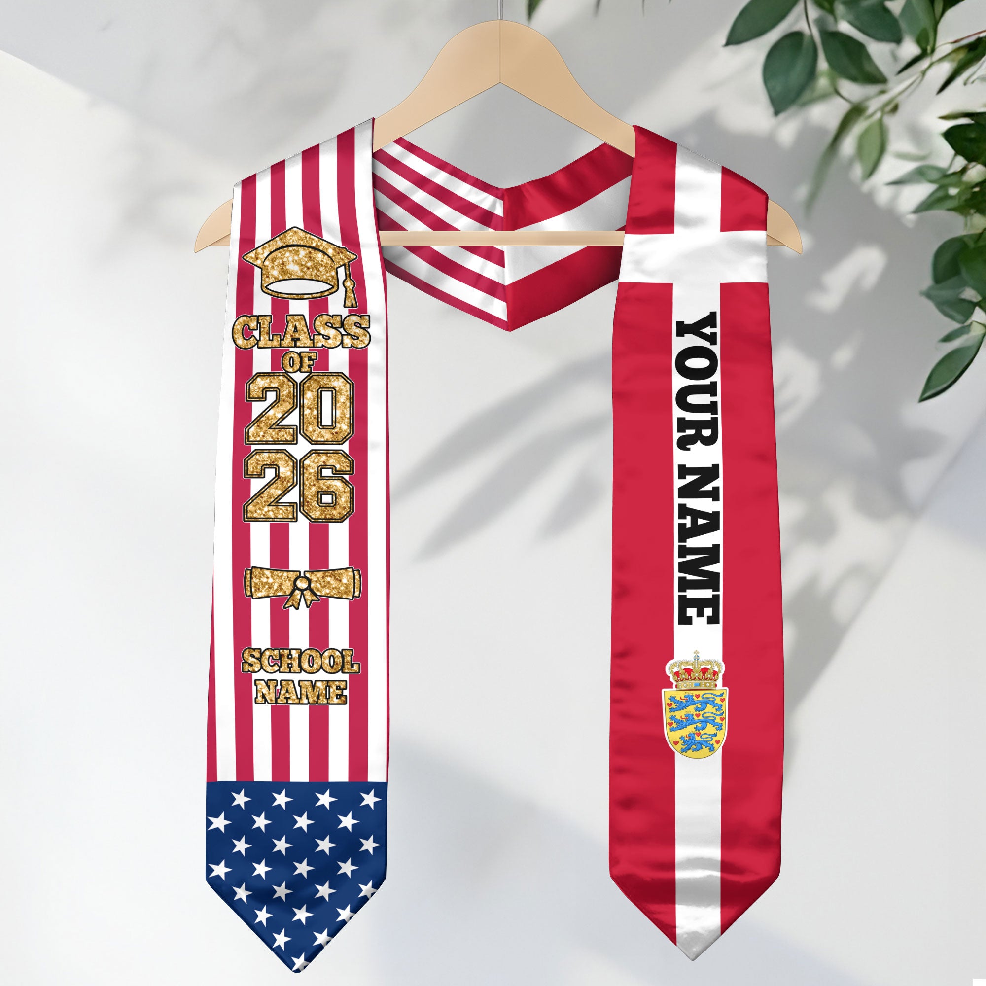 Customized Denmark Graduation Stole Featuring Danish Flag Design, Graduation Sash 2026, Class of 2026