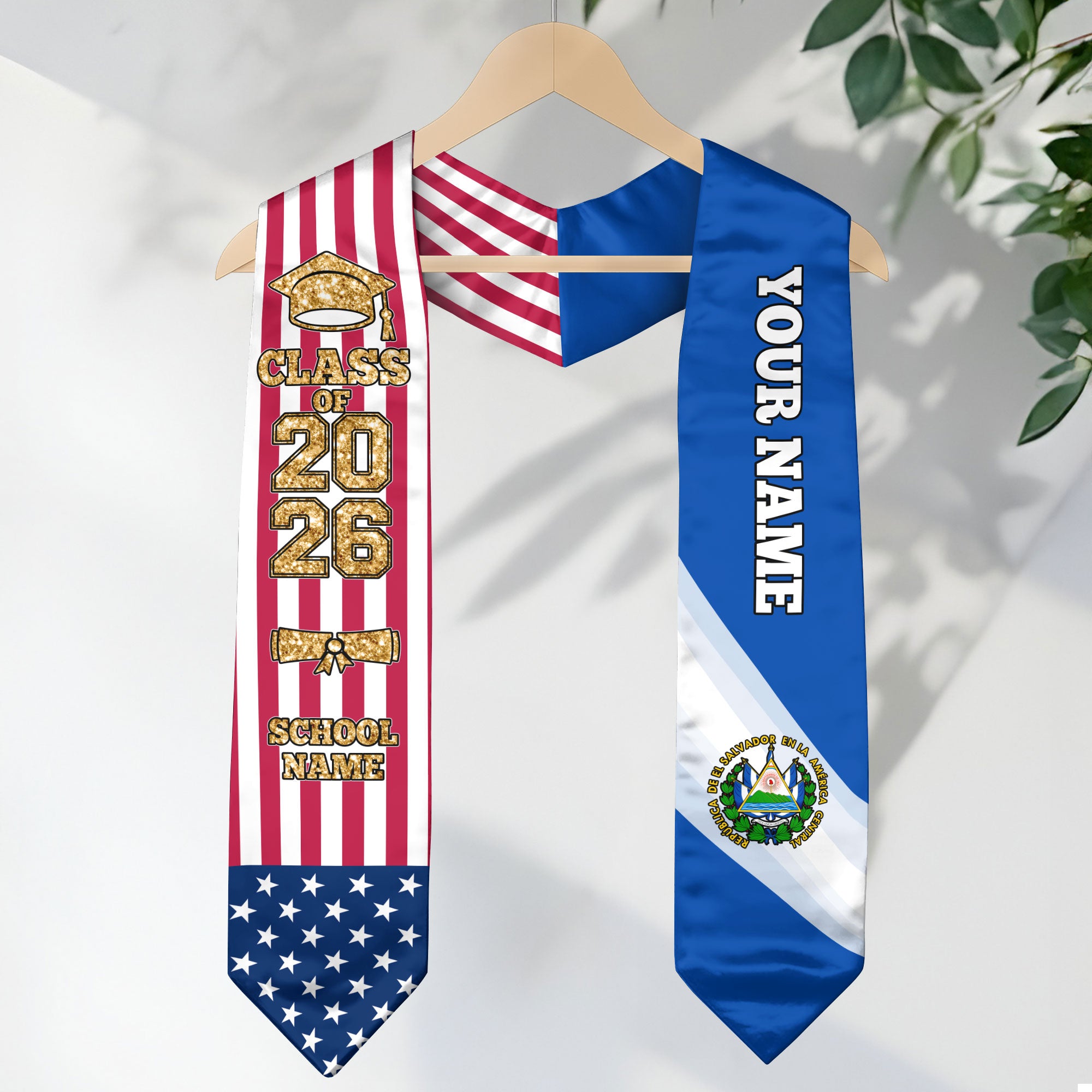 Customized El Salvador Graduation Stole Featuring Salvadoran Flag Accent, Graduation Sash 2026