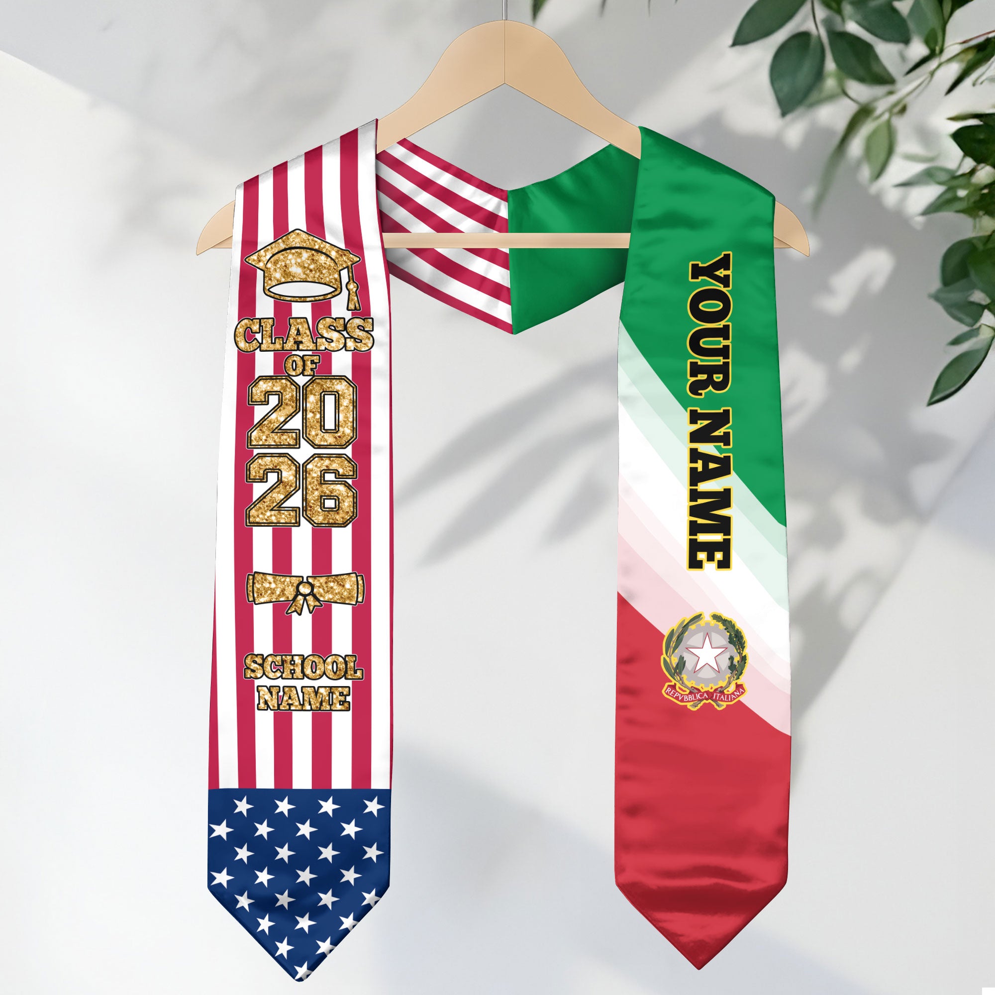 Customized Italy Graduation Stole Featuring Italian Flag Accent, Graduation Sash 2026, Class of 2026