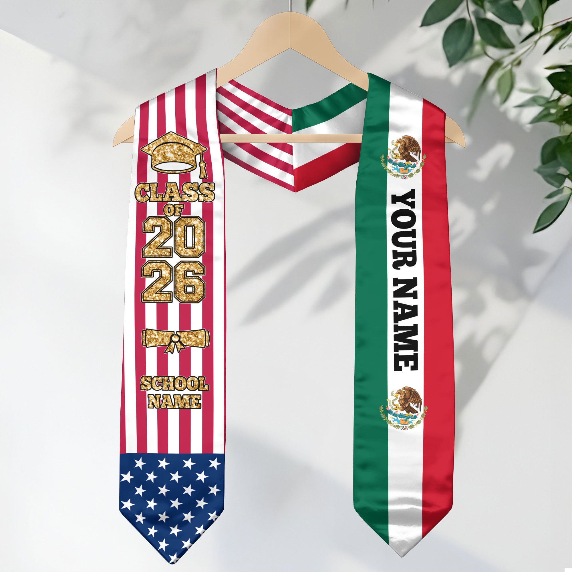 Customized Mexico Graduation Stole with Mexican Flag Accent, Graduation Sash 2026, Class of 2026