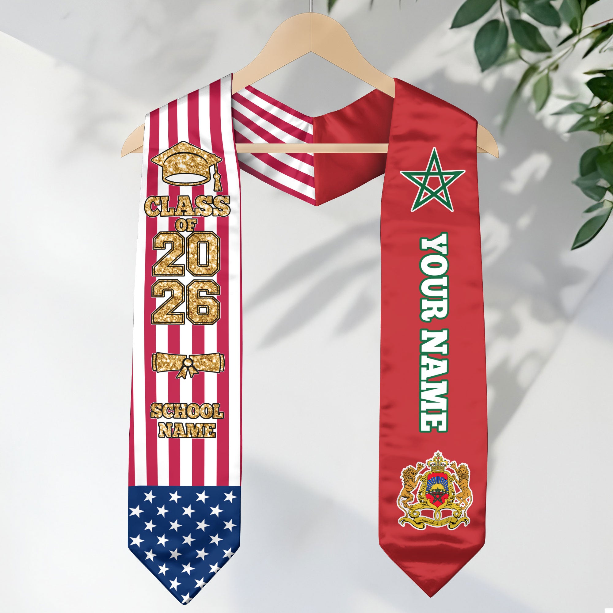 Customized Morocco Graduation Stole Featuring Moroccan Flag Detail, Graduation Sash 2026, Class of 2026