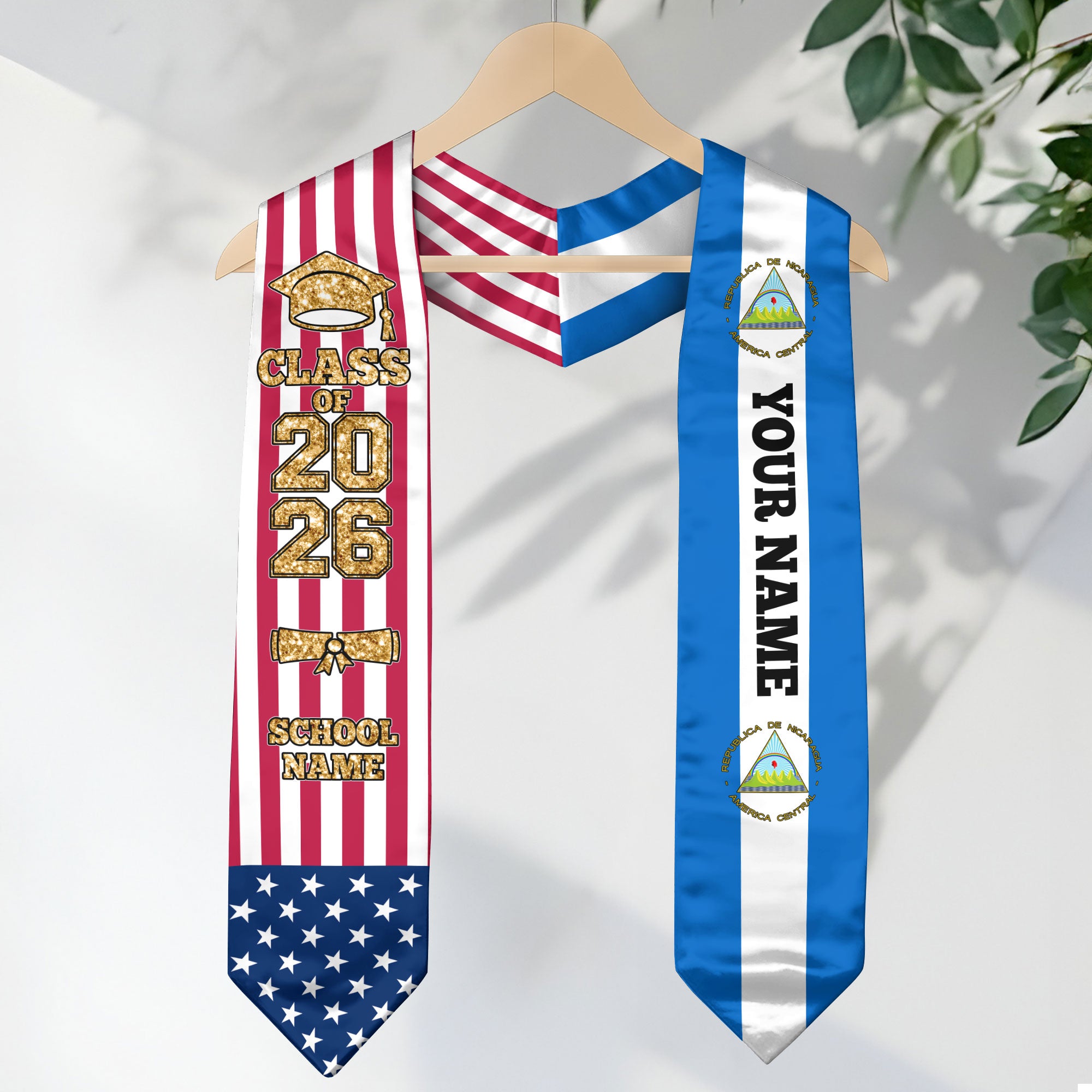 Customized Nicaragua Graduation Stole Featuring National Flag Accent, Graduation Sash 2026