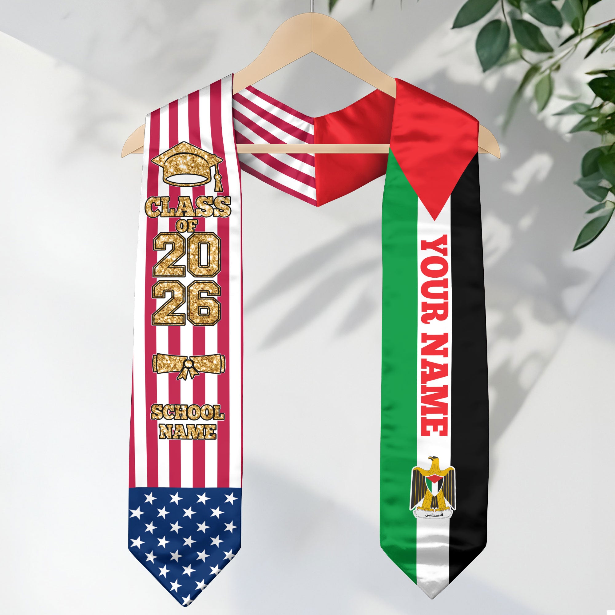 Customized Palestine Graduation Stole Featuring National Flag Colors, Graduation Sash 2026, Class of 2026