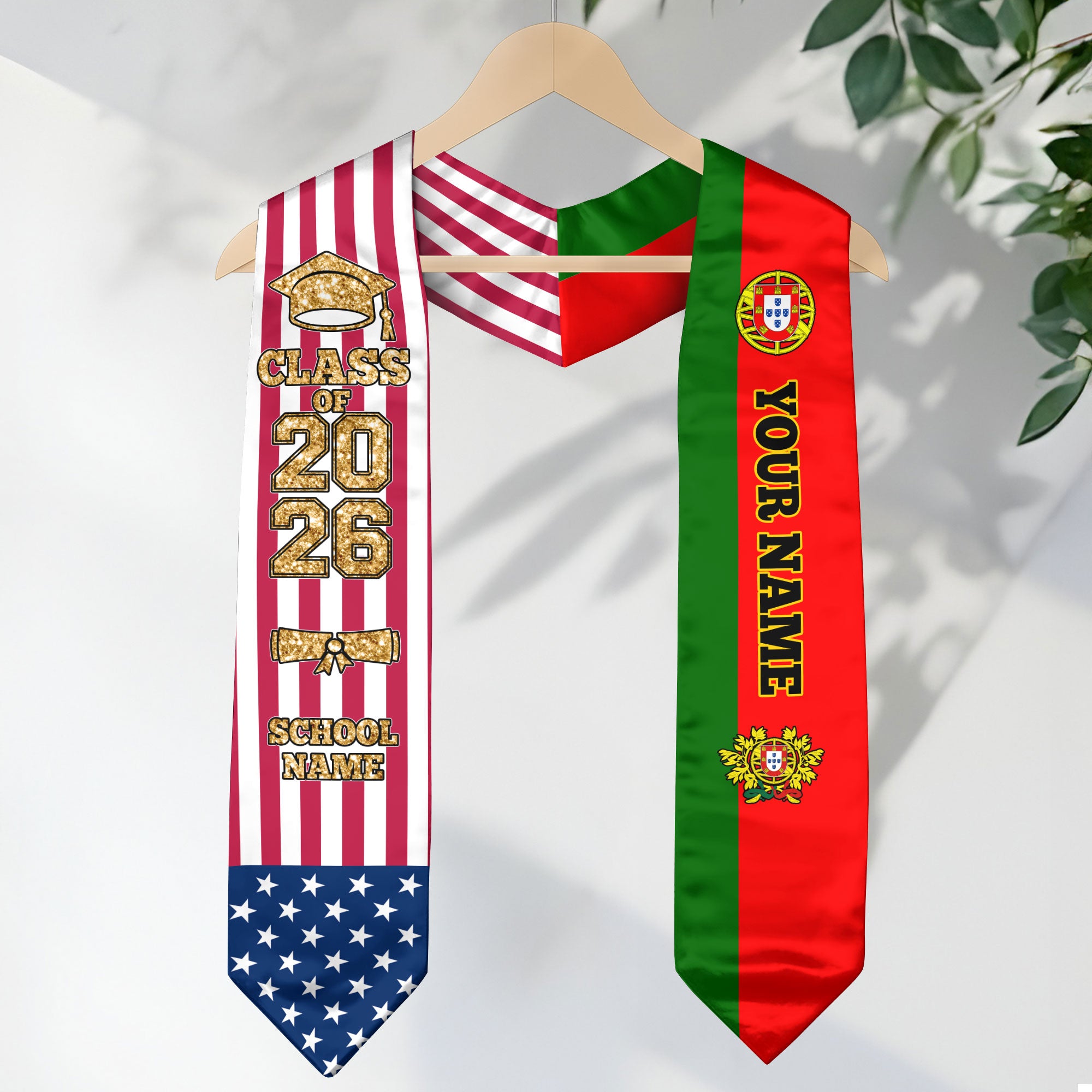 Customized Portugal Graduation Stole Featuring Portuguese Flag Accent, Graduation Sash 2026, Class of 2026
