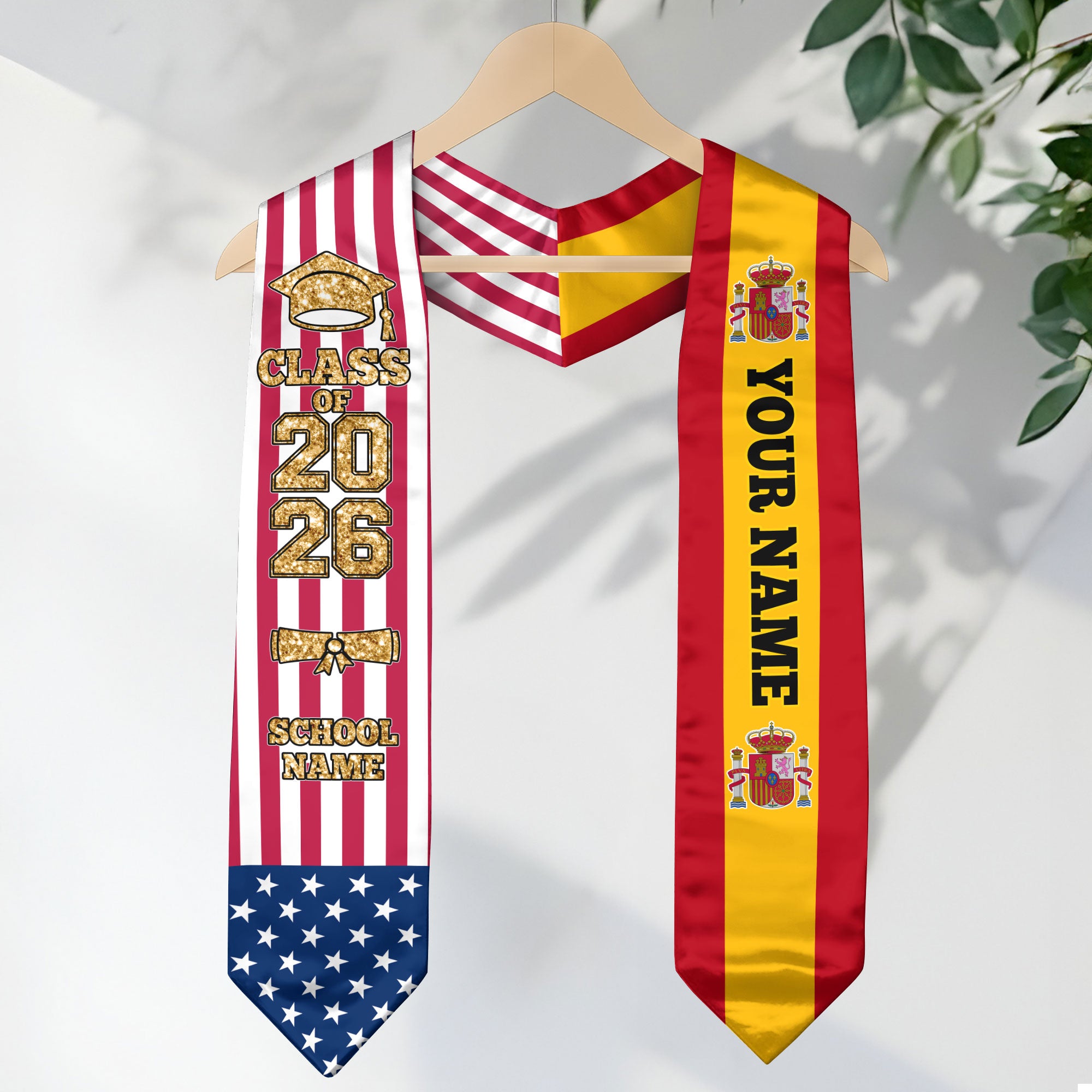Customized Spain Graduation Stole Featuring Spanish Flag Colors, Graduation Sash 2026, Class of 2026