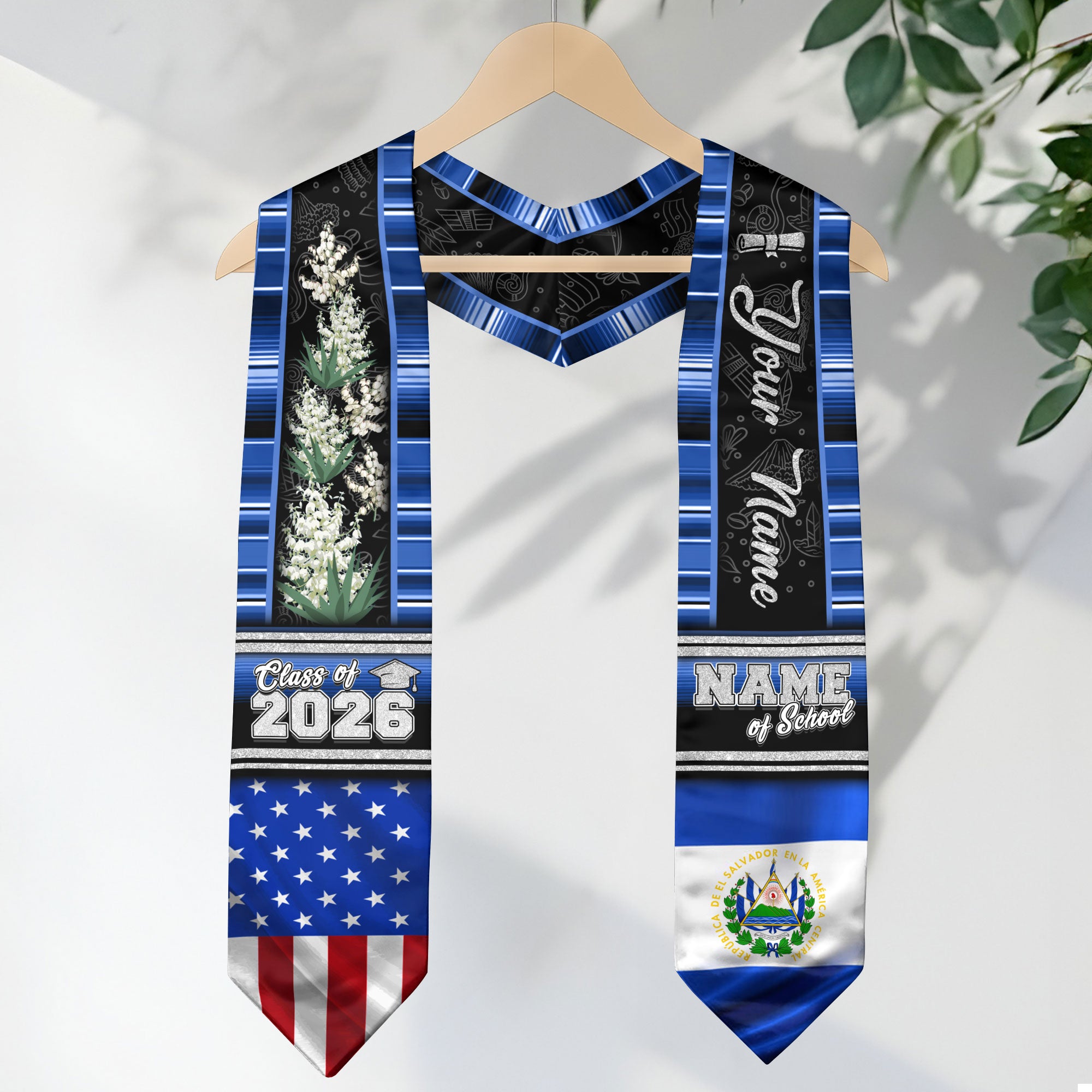 El Salvador Graduation Stole 2026, Salvadoran Flag Sash, Graduation Stole with Custom Accent