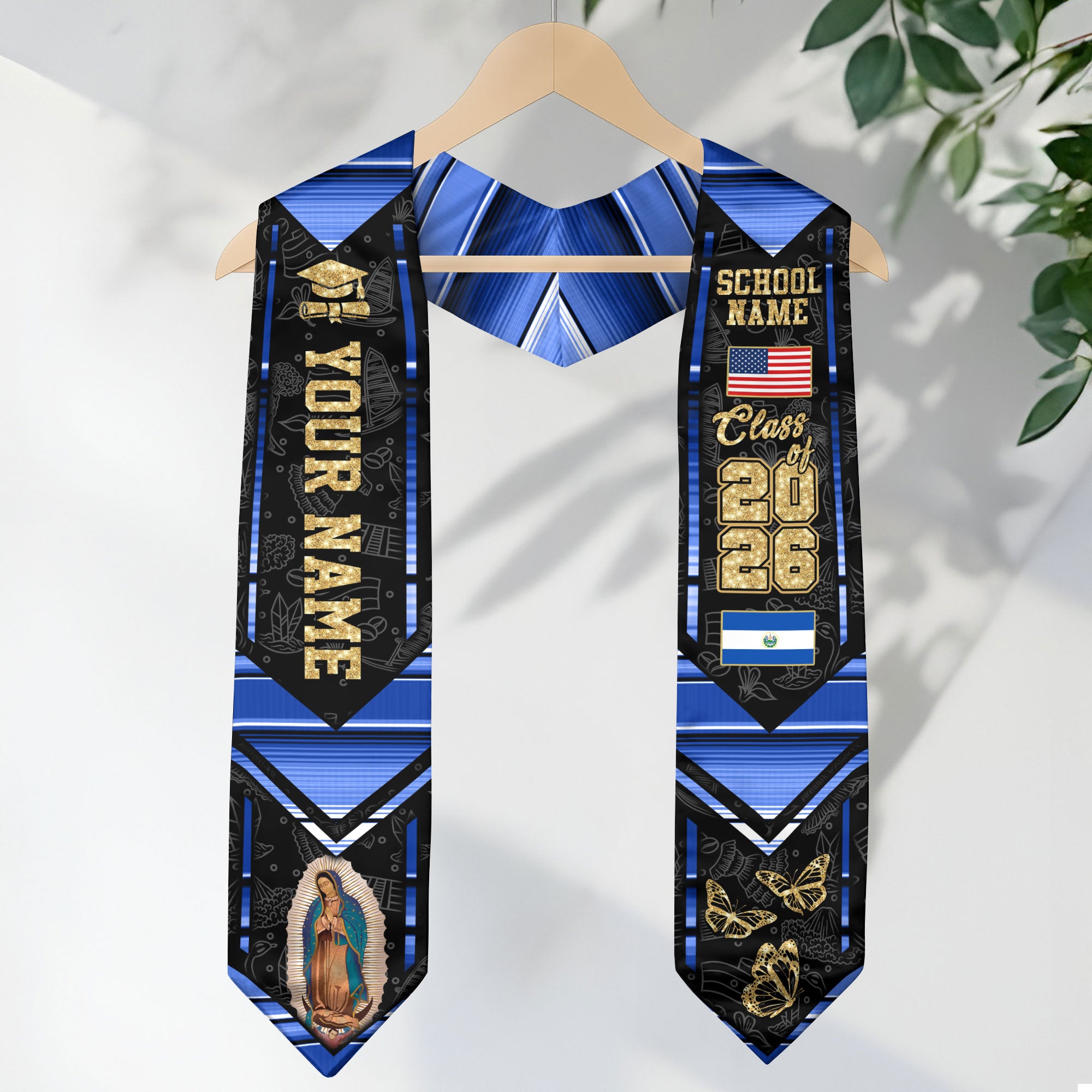 Salvadoran Flag Graduation Sash 2026, El Salvador Graduation Stole, Customizable Detail