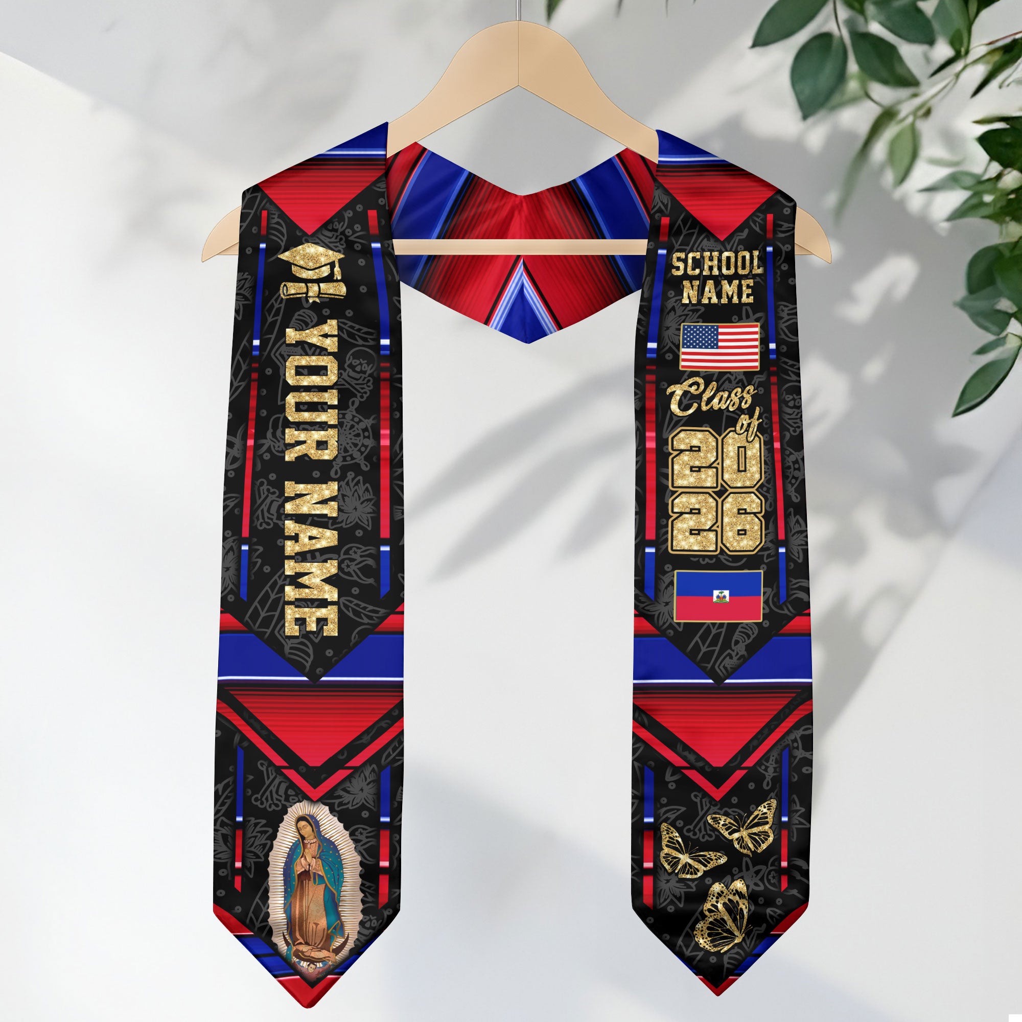 Haitian Flag Graduation Sash 2026, Haiti Graduation Stole, Customizable Detail Stole