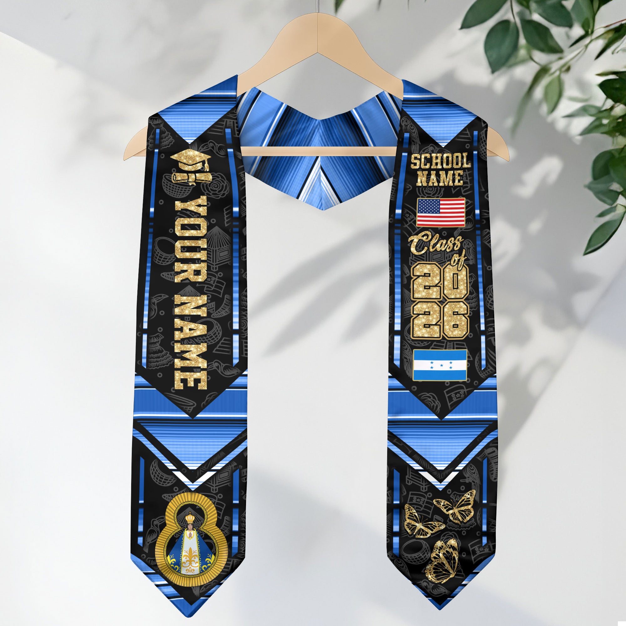 Honduran Flag Graduation Sash 2026, Honduras Graduation Stole, Customizable Detail Stole