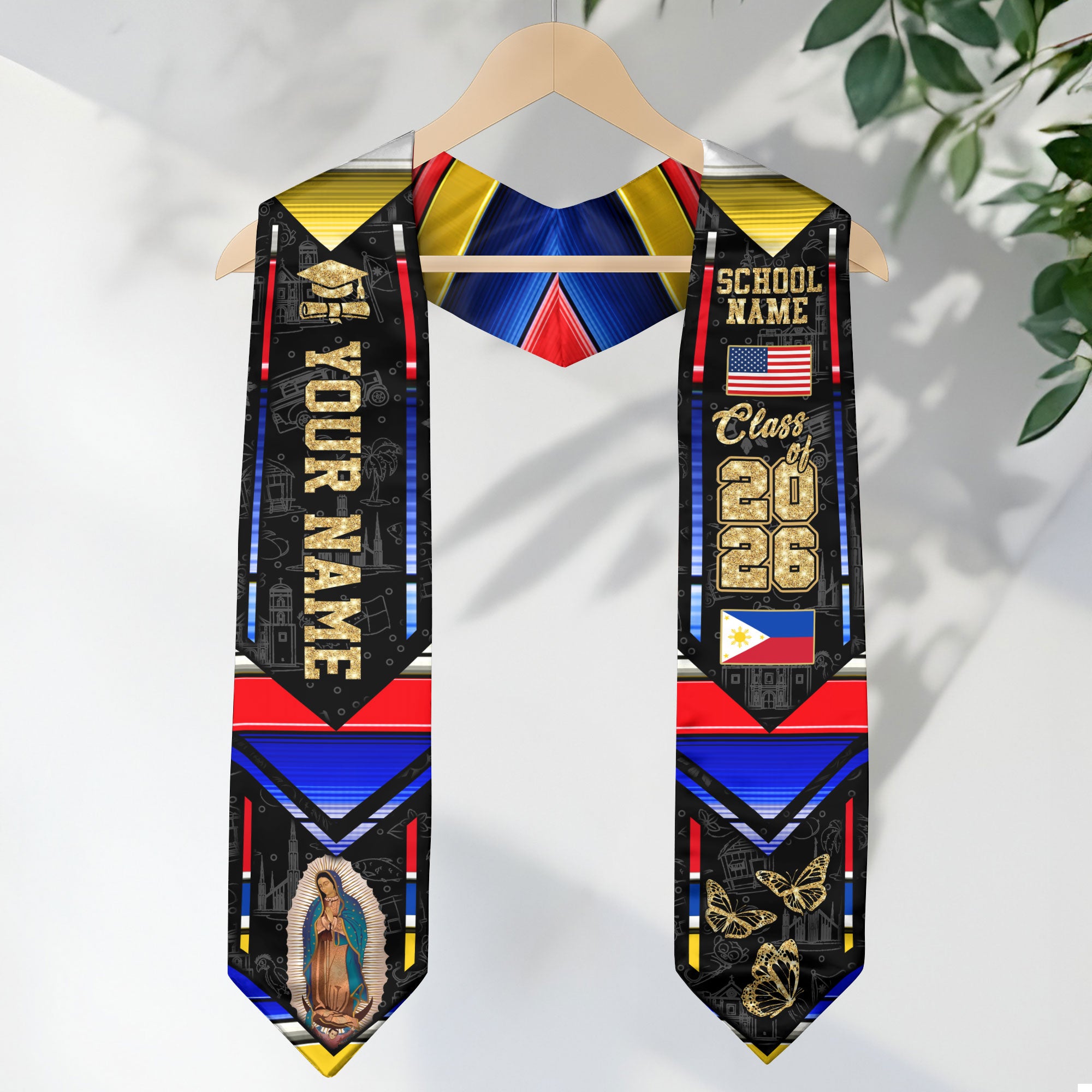 Filipino Flag Graduation Sash 2026, Philippines Graduation Stole, Customizable Detail Stole
