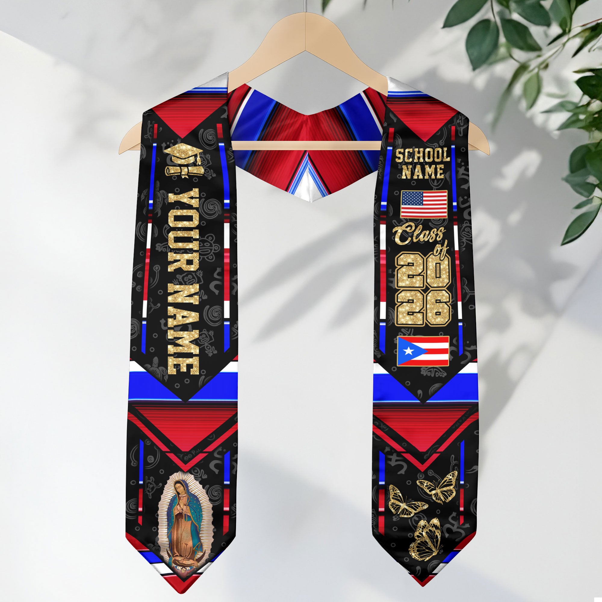 Puerto Rican Flag Graduation Sash 2026, Puerto Rico Graduation Stole, Customizable Detail