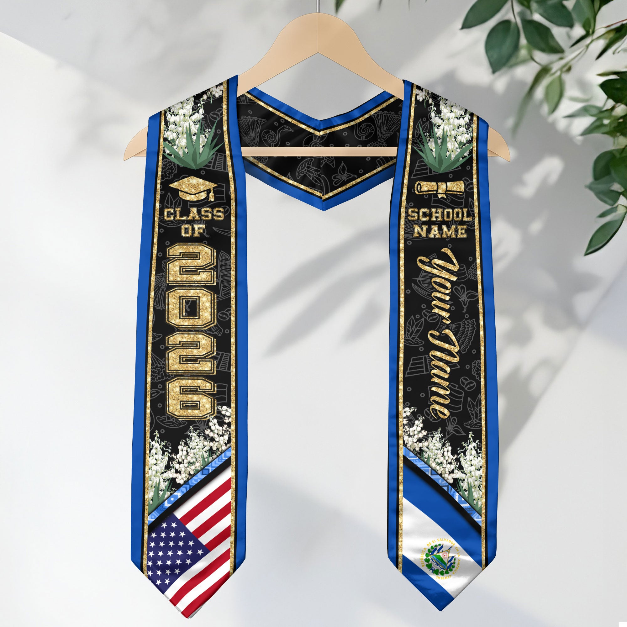 El Salvador Graduation Stole 2026, El Salvador Flag Sash, Custom Accent for Class of 2026