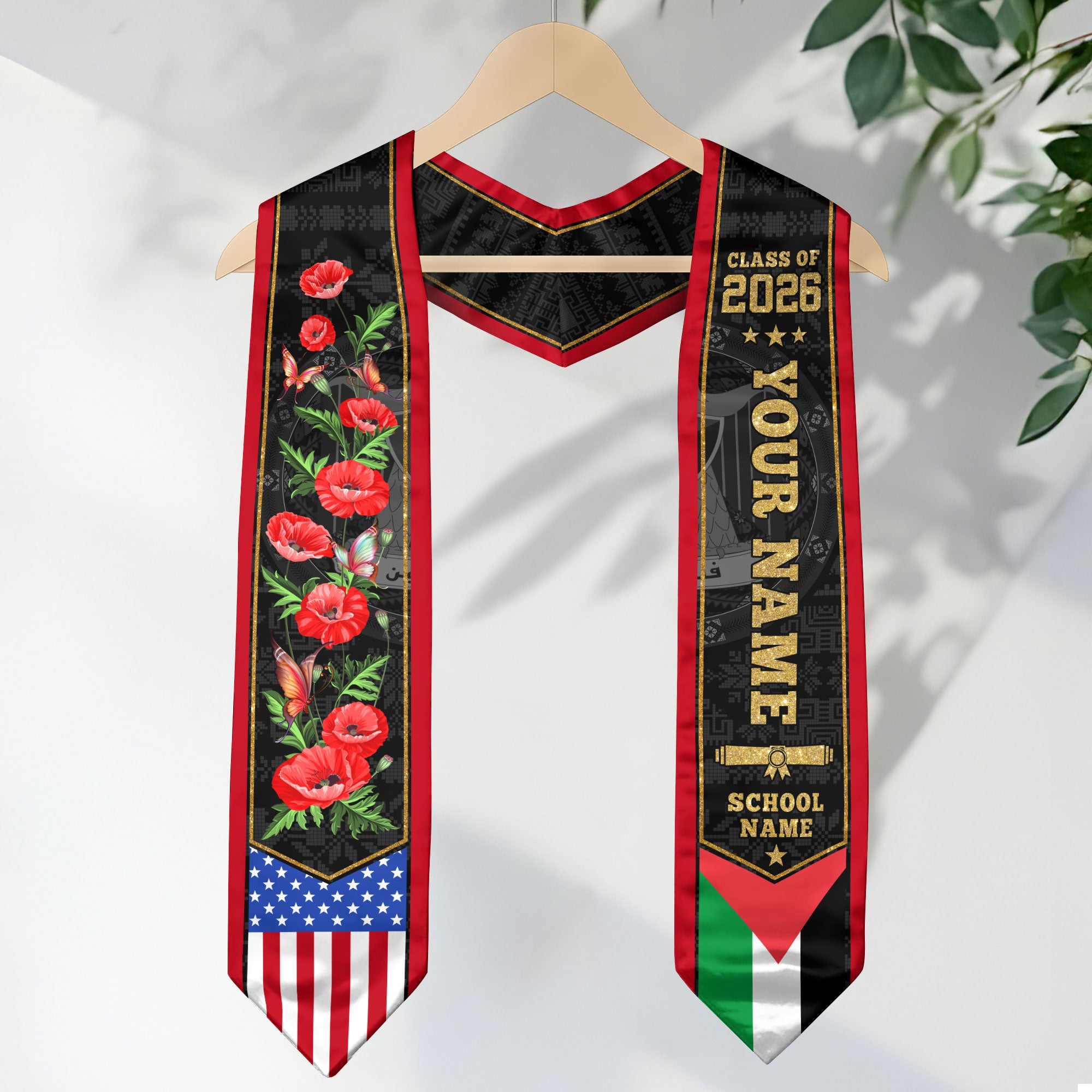 Palestine Graduation Stole 2026, Palestinian Flag Sash, Graduation Stole with Custom Accent