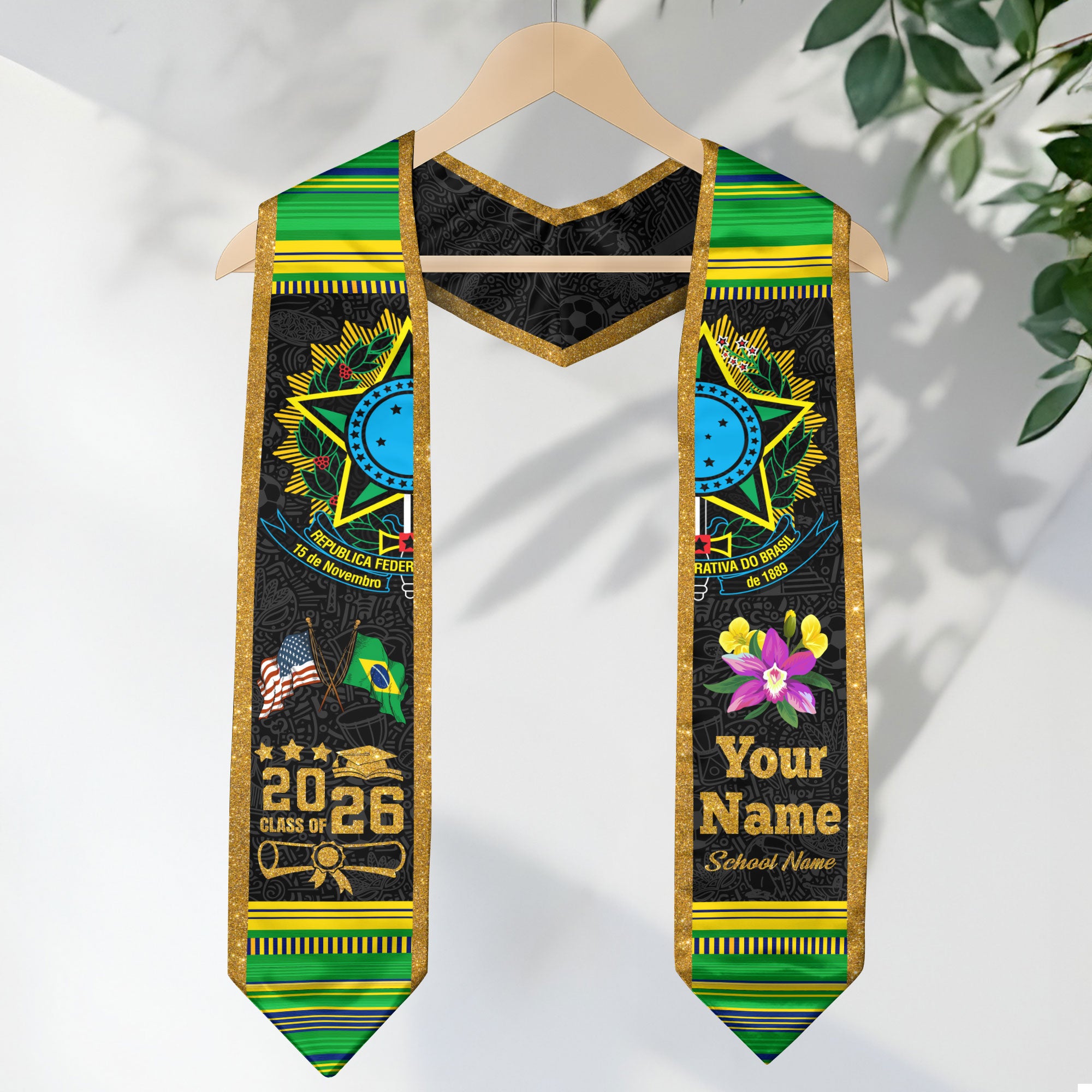 Brazilian Flag Graduation Sash 2026, Brazil Graduation Stole, Custom Graduation Stole
