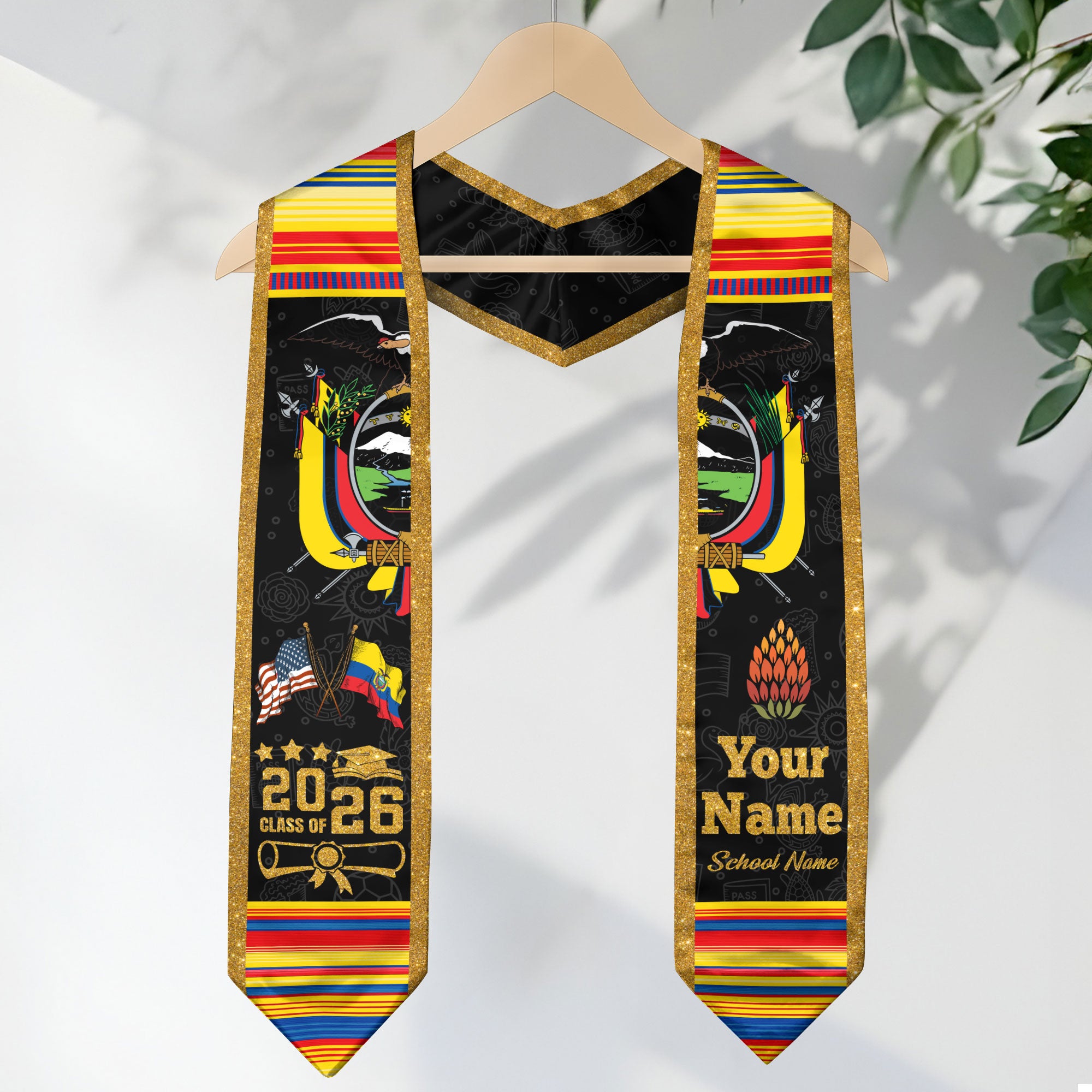 Ecuadorian Flag Graduation Sash 2026, Ecuador Graduation Stole, Custom Graduation Stole
