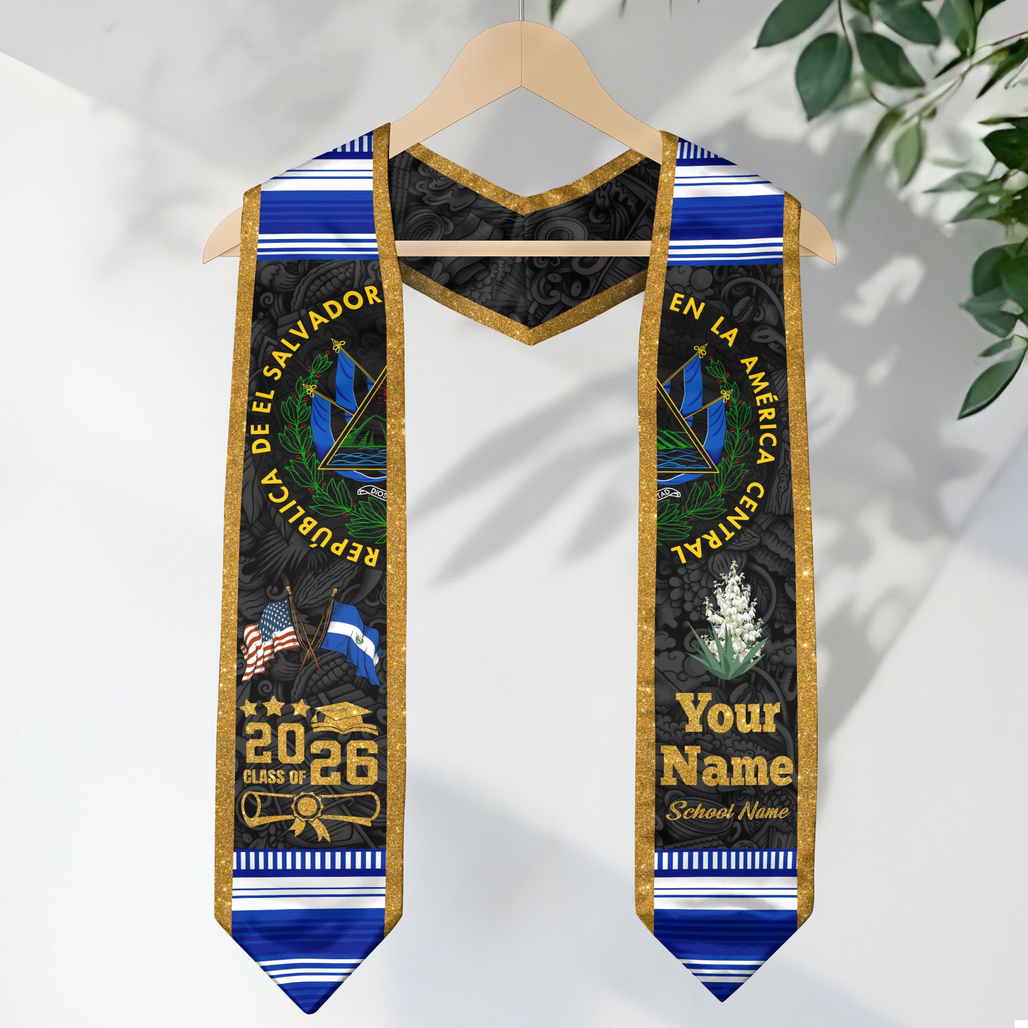 Salvadoran Flag Graduation Sash 2026, El Salvador Stole for Graduates, Grad Stole