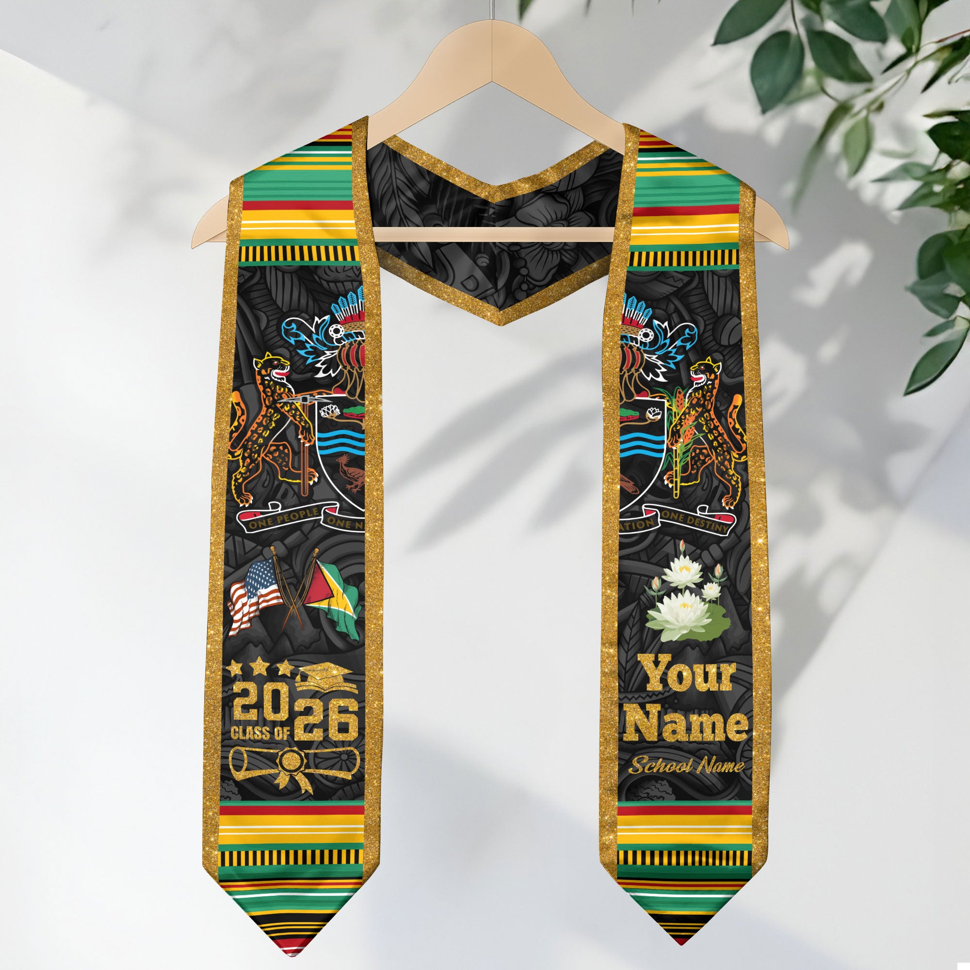 Guyanese Flag Graduation Sash 2026, Guyana Graduation Stole, Custom Graduation Stole