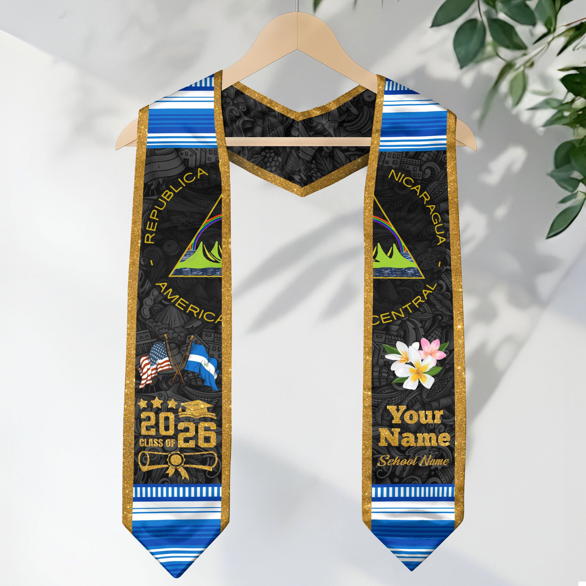 Nicaraguan Flag Graduation Sash 2026, Nicaragua Graduation Stole, Customizable Detail Sash