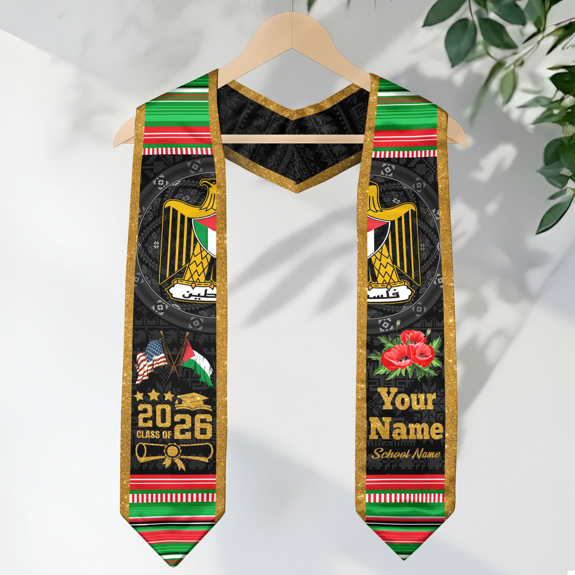 Palestinian Flag Graduation Sash 2026, Palestine Graduation Stole, Customizable Detail Sash
