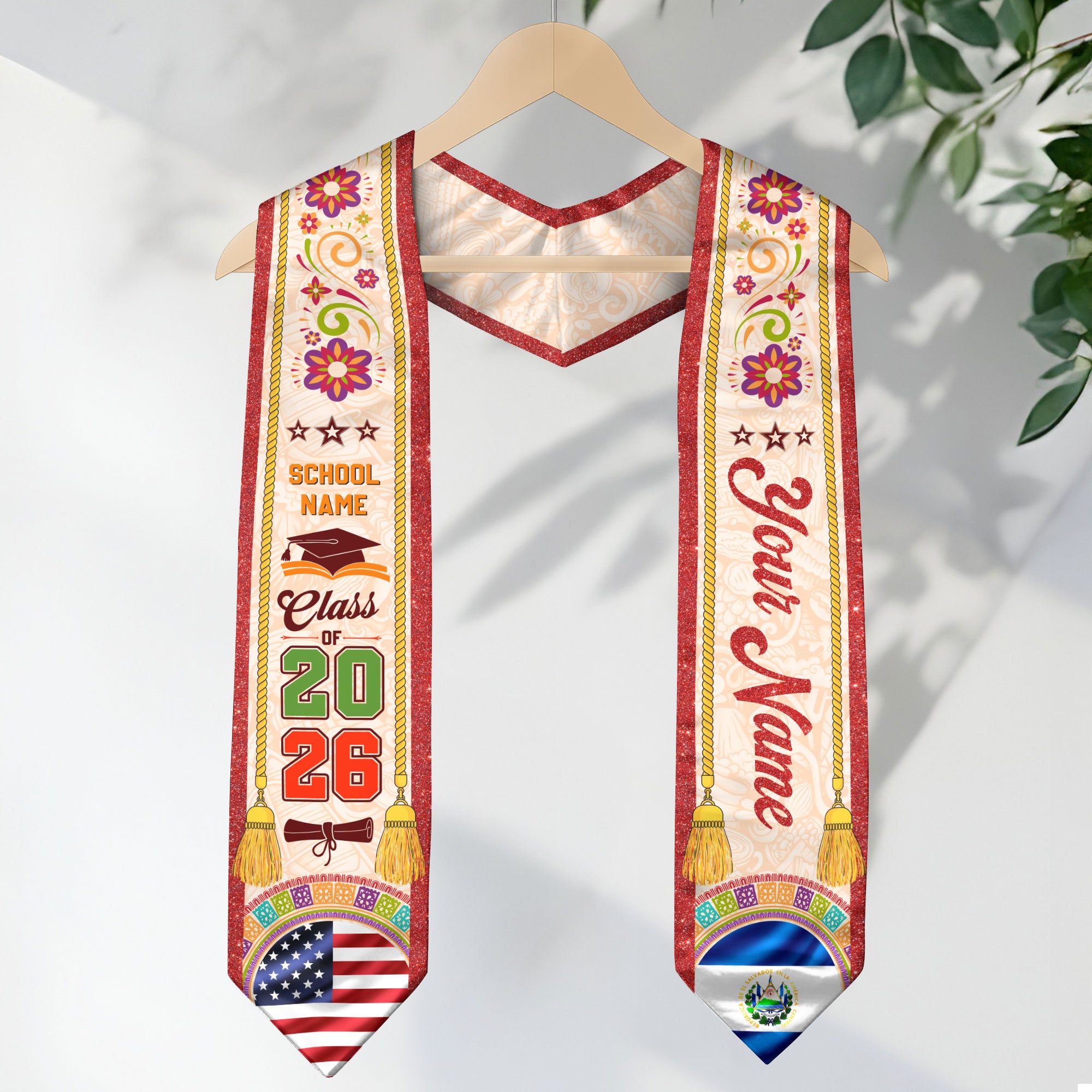 El Salvador Flag Graduation Stole 2026, Salvadoran Graduation Sash, Senior Grad Stole