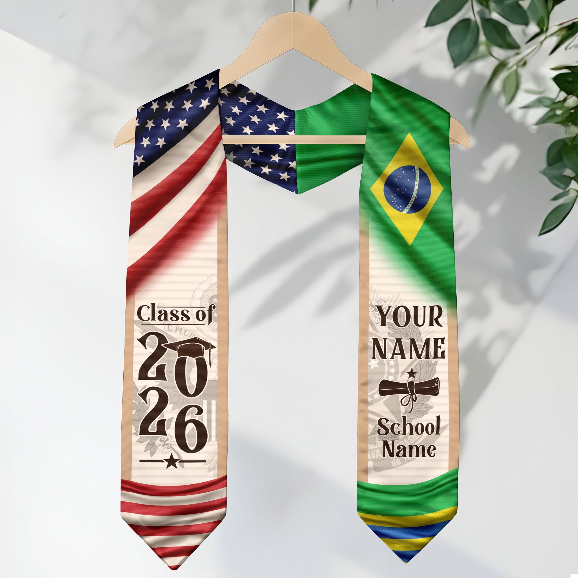 Brazil Graduation Sash 2026, Brazilian Flag Graduation Stole, Custom Brazil Grad Stole