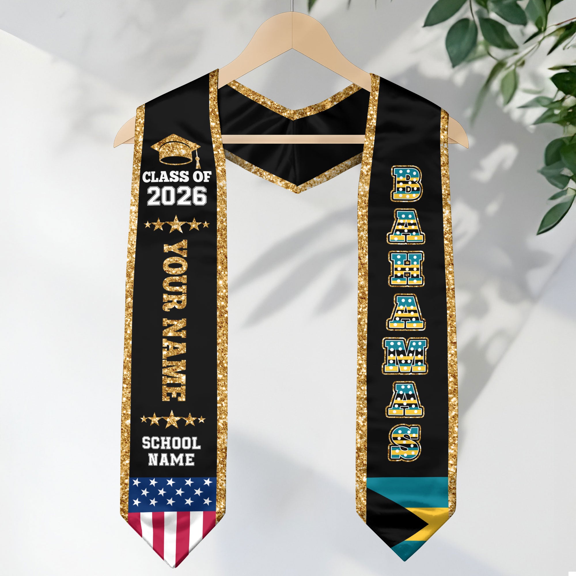 Bahamas Graduation Stole 2026, Bahamas Flag Sash, Personal Detail Option for Graduates