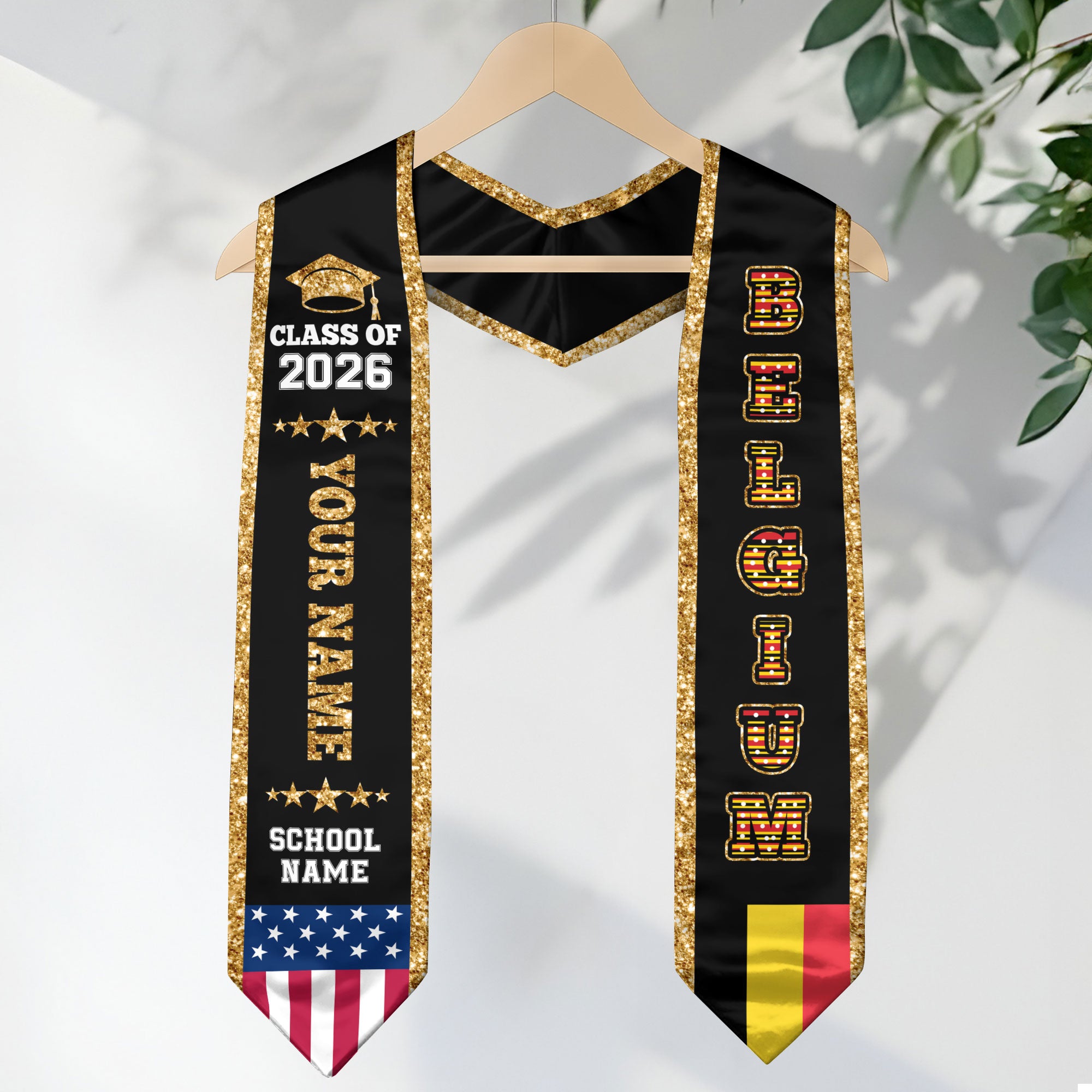 Belgium Graduation Stole 2026, Belgium Flag Sash, Personal Detail Option for Graduates