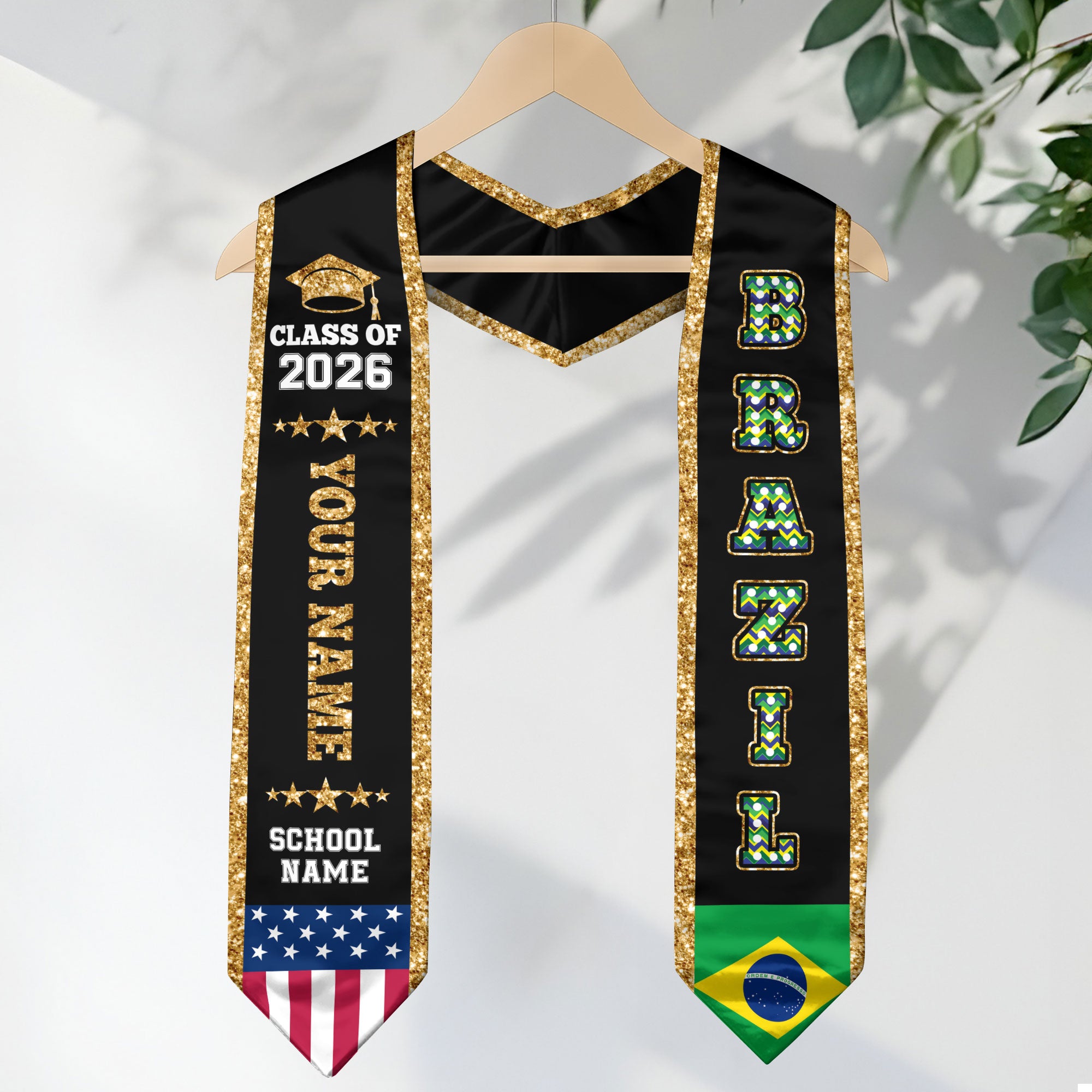 Brazil Graduation Stole 2026, Brazil Flag Sash, Personal Detail Option for Graduates