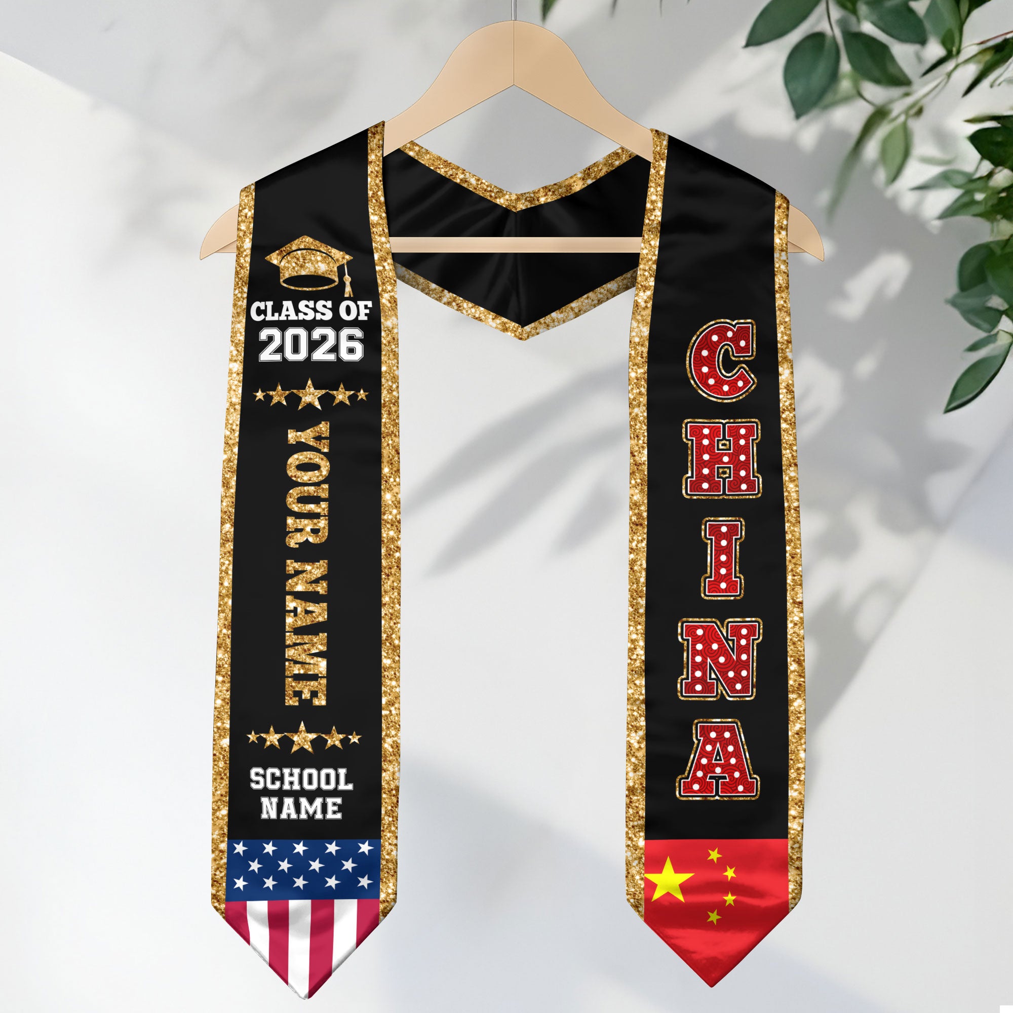 China Graduation Stole 2026, China Flag Sash, Personal Detail Option for Graduates