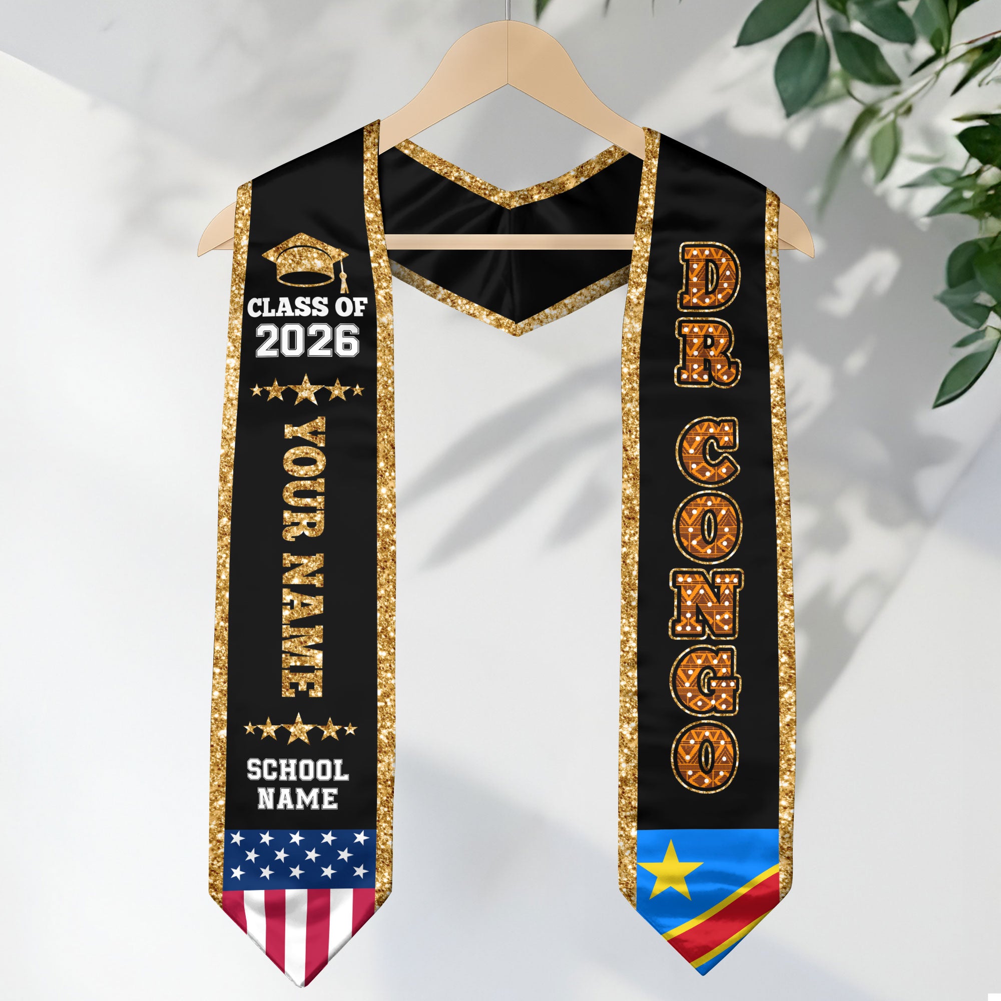 DRCongo Graduation Stole 2026, DRCongo Flag Sash, Personal Detail Option for Graduates