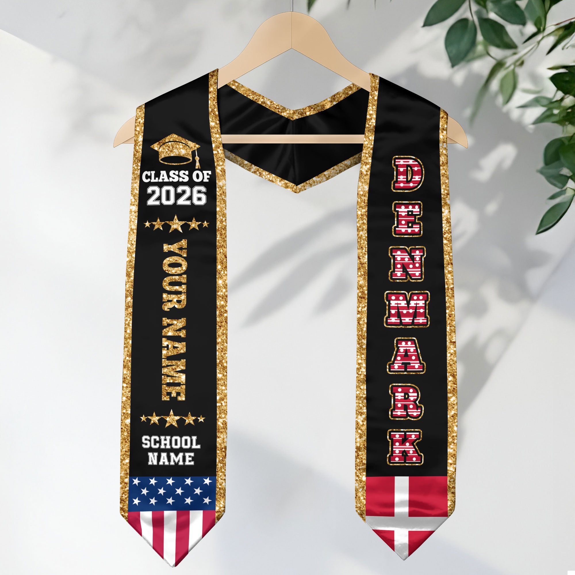 Denmark Graduation Stole 2026, Denmark Flag Sash, Personal Detail Option for Graduates