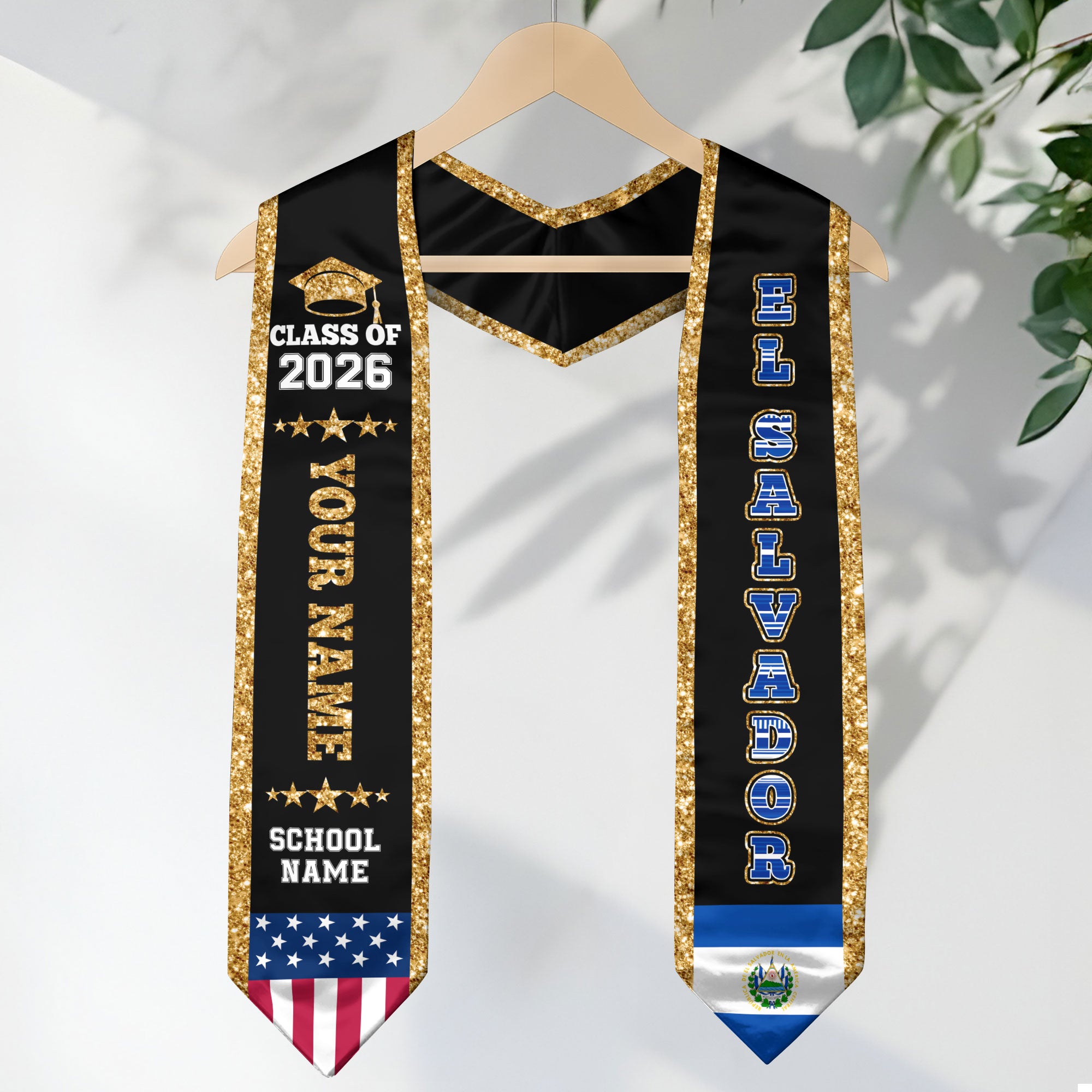 2026 ElSalvador Flag Graduation Stole, ElSalvador Sash, Personal Detail Option for Grads