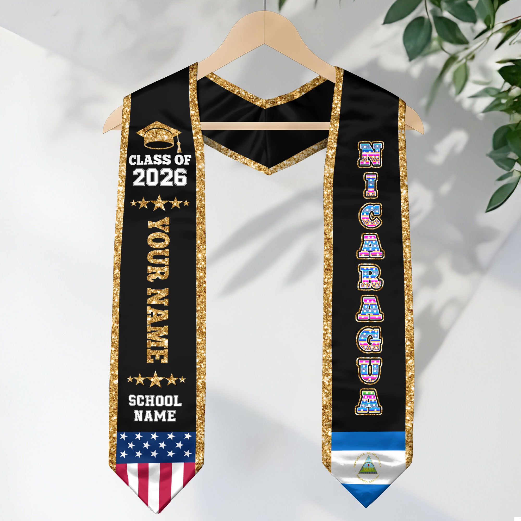 Nicaragua Graduation Stole 2026, Nicaragua Flag Sash, Personal Detail Option for Graduates