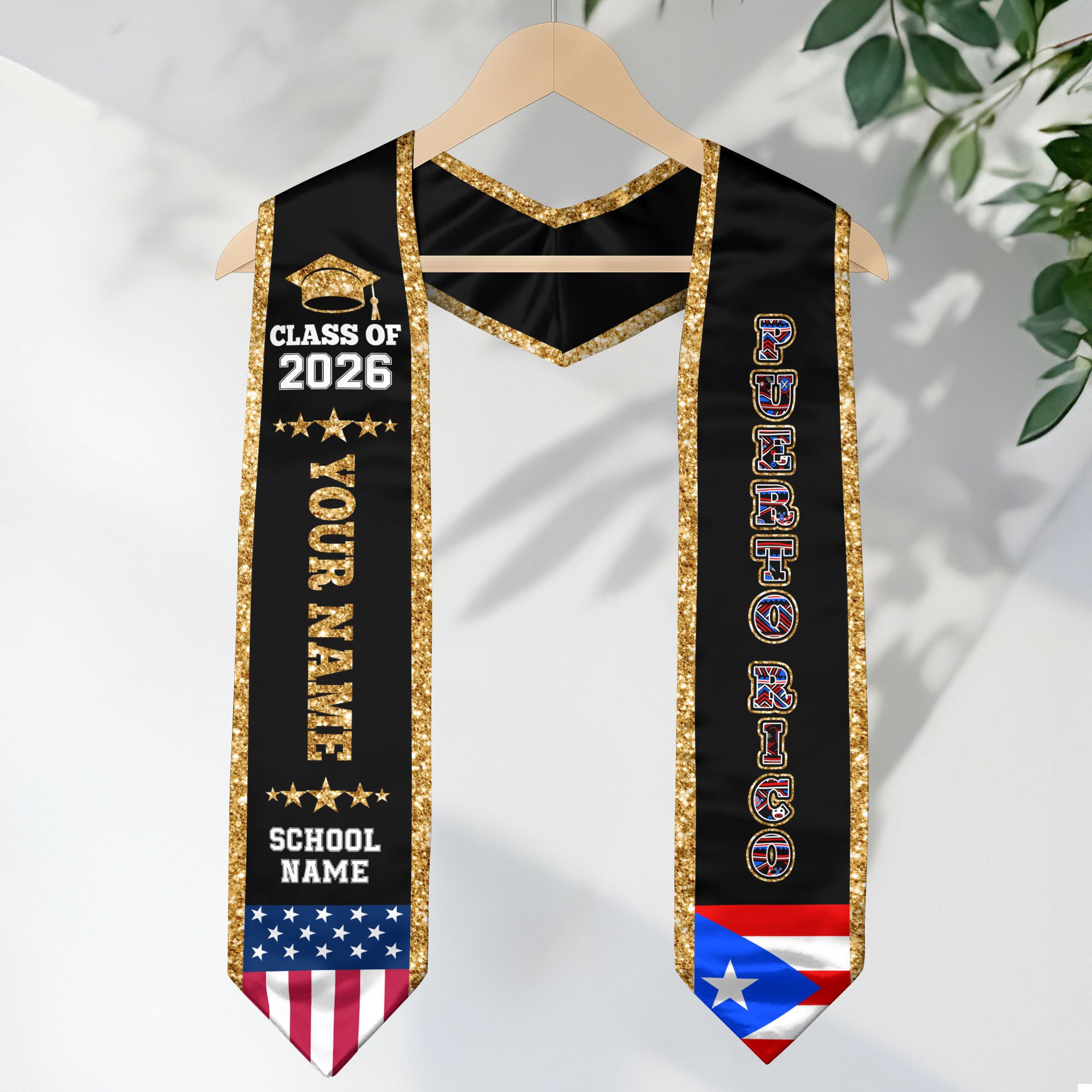 2026 PuertoRico Flag Graduation Stole, PuertoRico Sash, Personal Detail Option for Grads